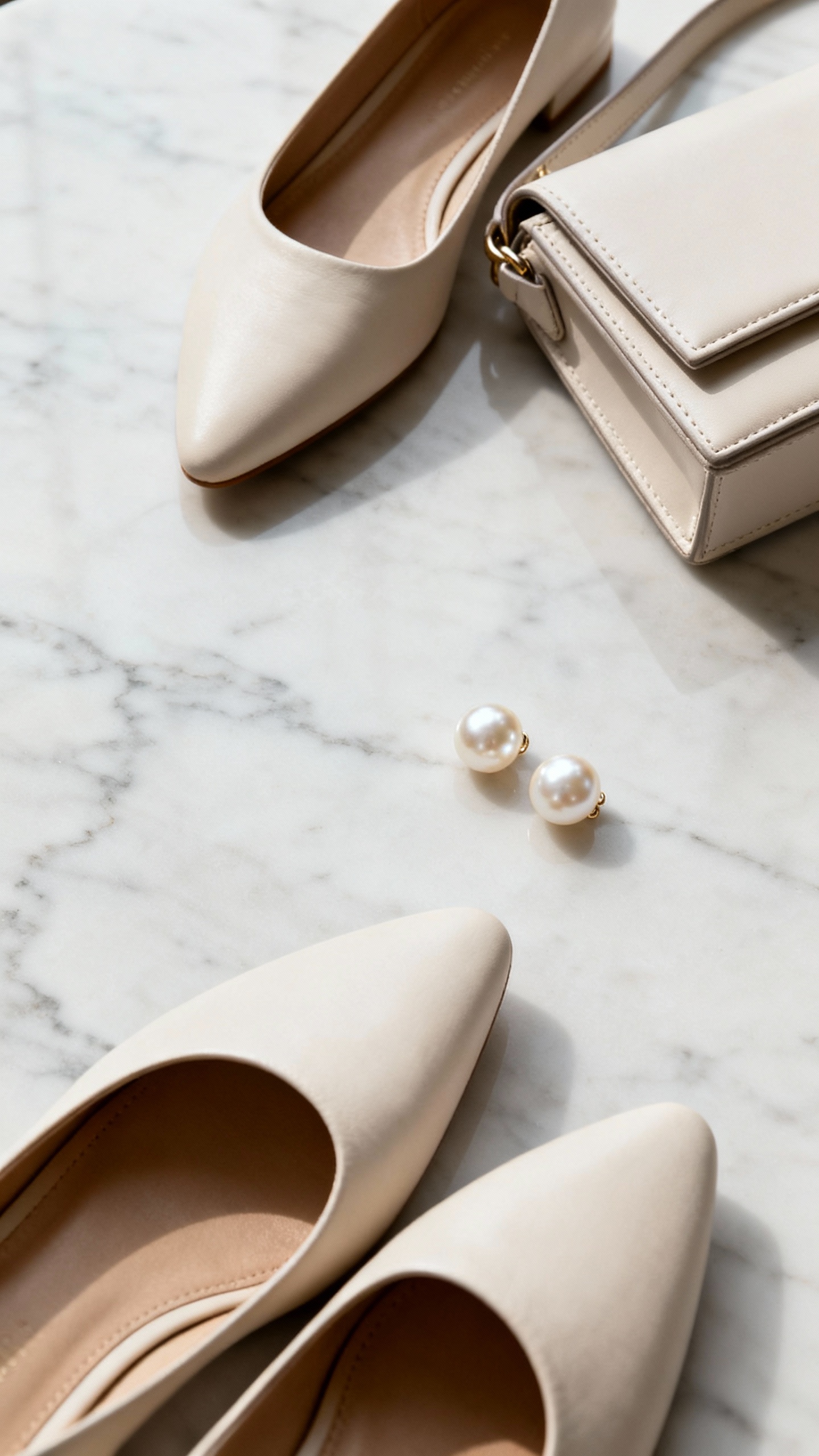 Almond-toe flats, pearl studs, small structured shoulder bag on marble