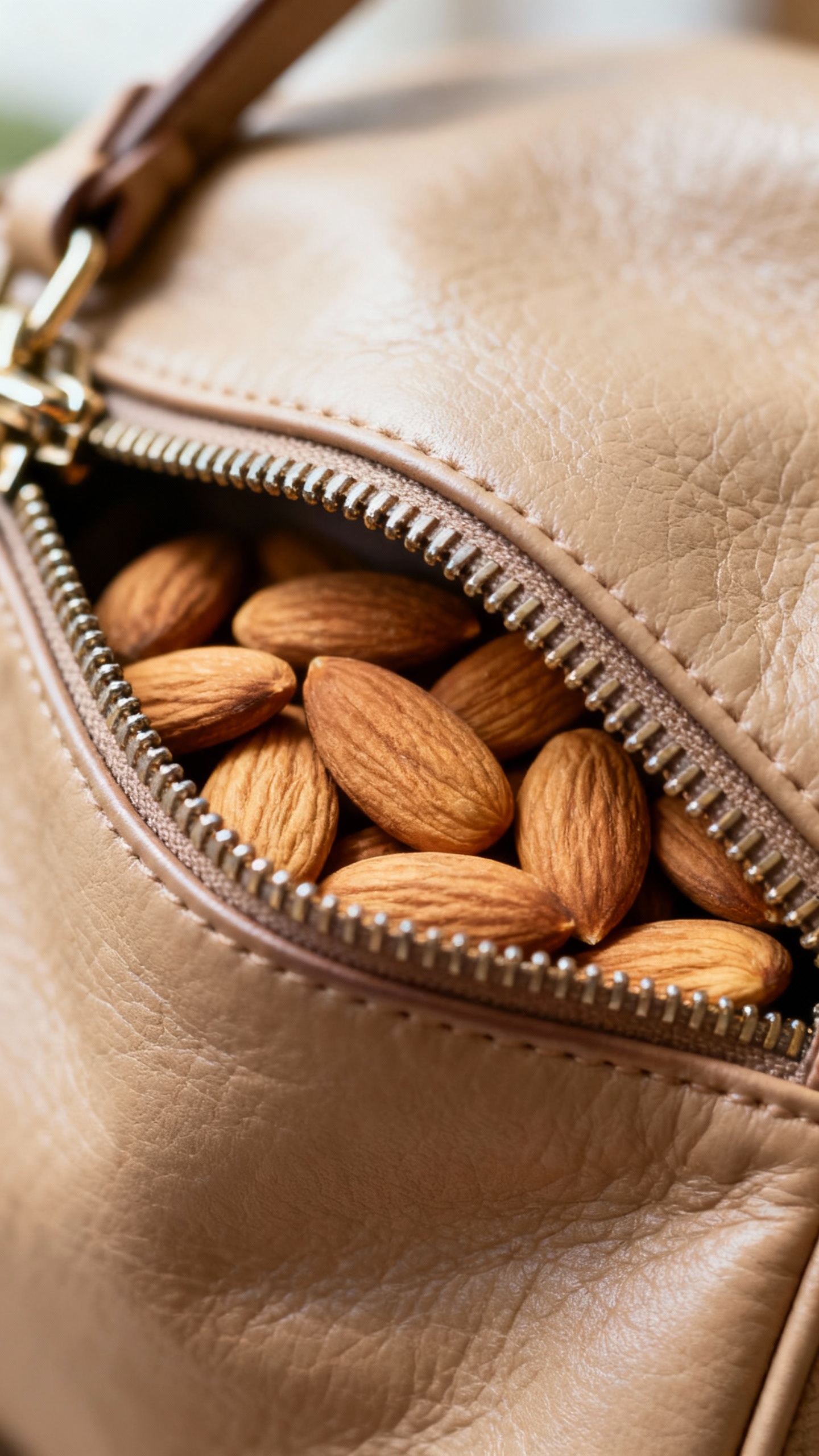 Almonds stashed in leather handbag pocket, zipper half open, soft light