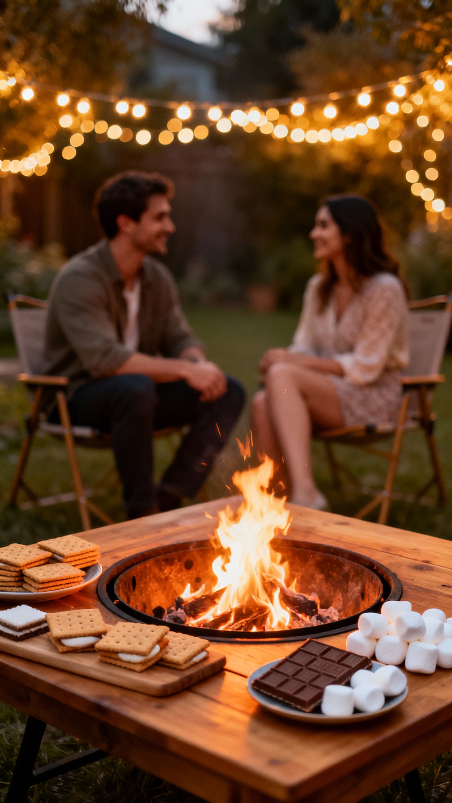Backyard date night, string lights bokeh, tabletop fire pit, s’mores fixings