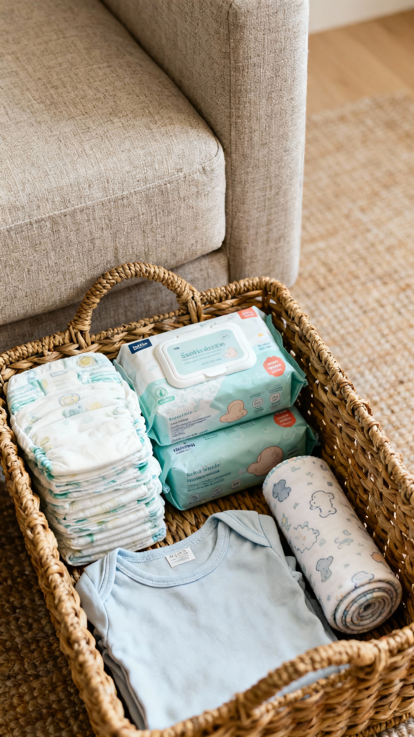 Basket survival station by sofa: diapers, wipes, onesie, burp cloths