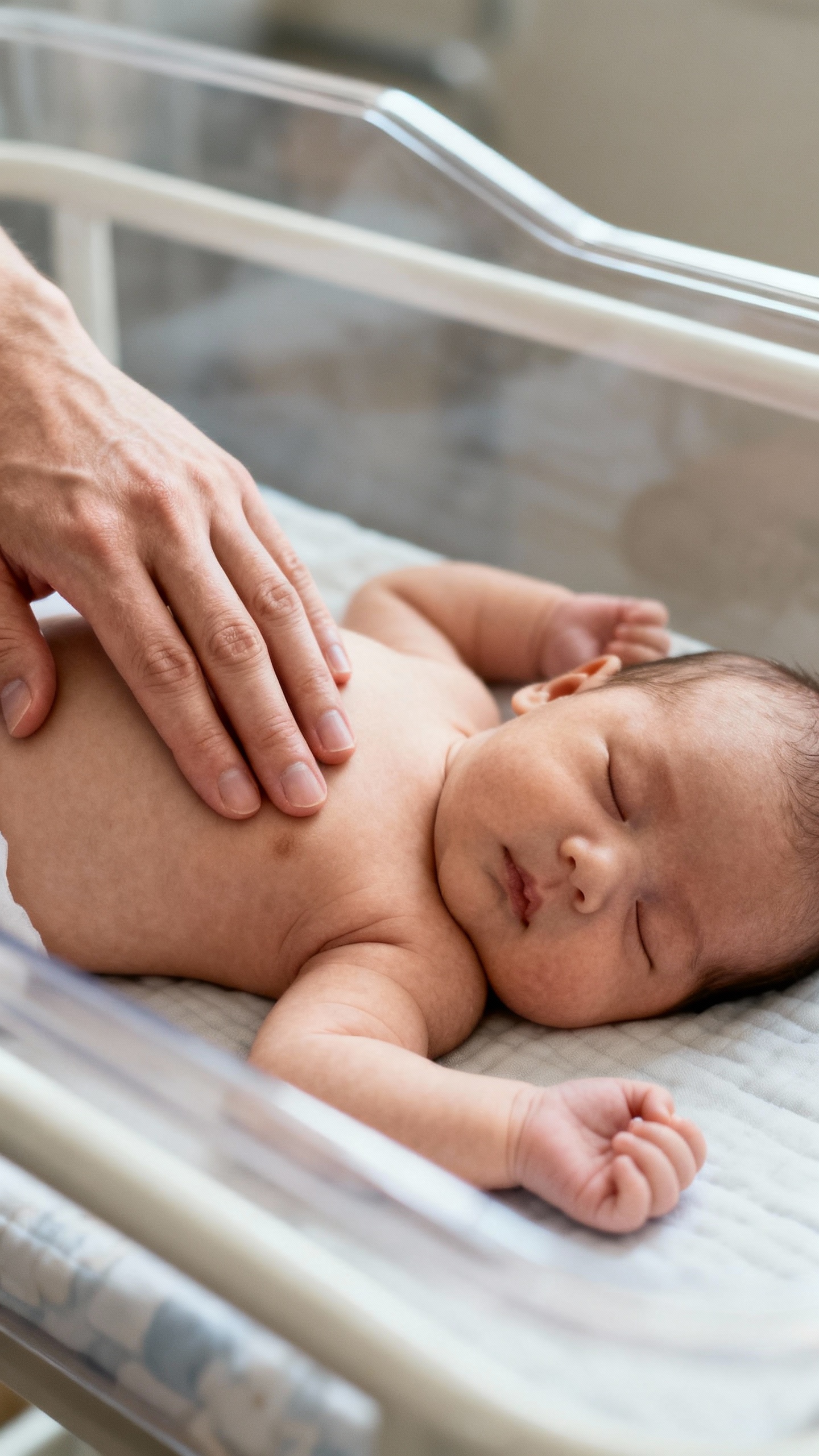 Bassinet transfer: adult hand on baby’s chest, heavy-limb sleep