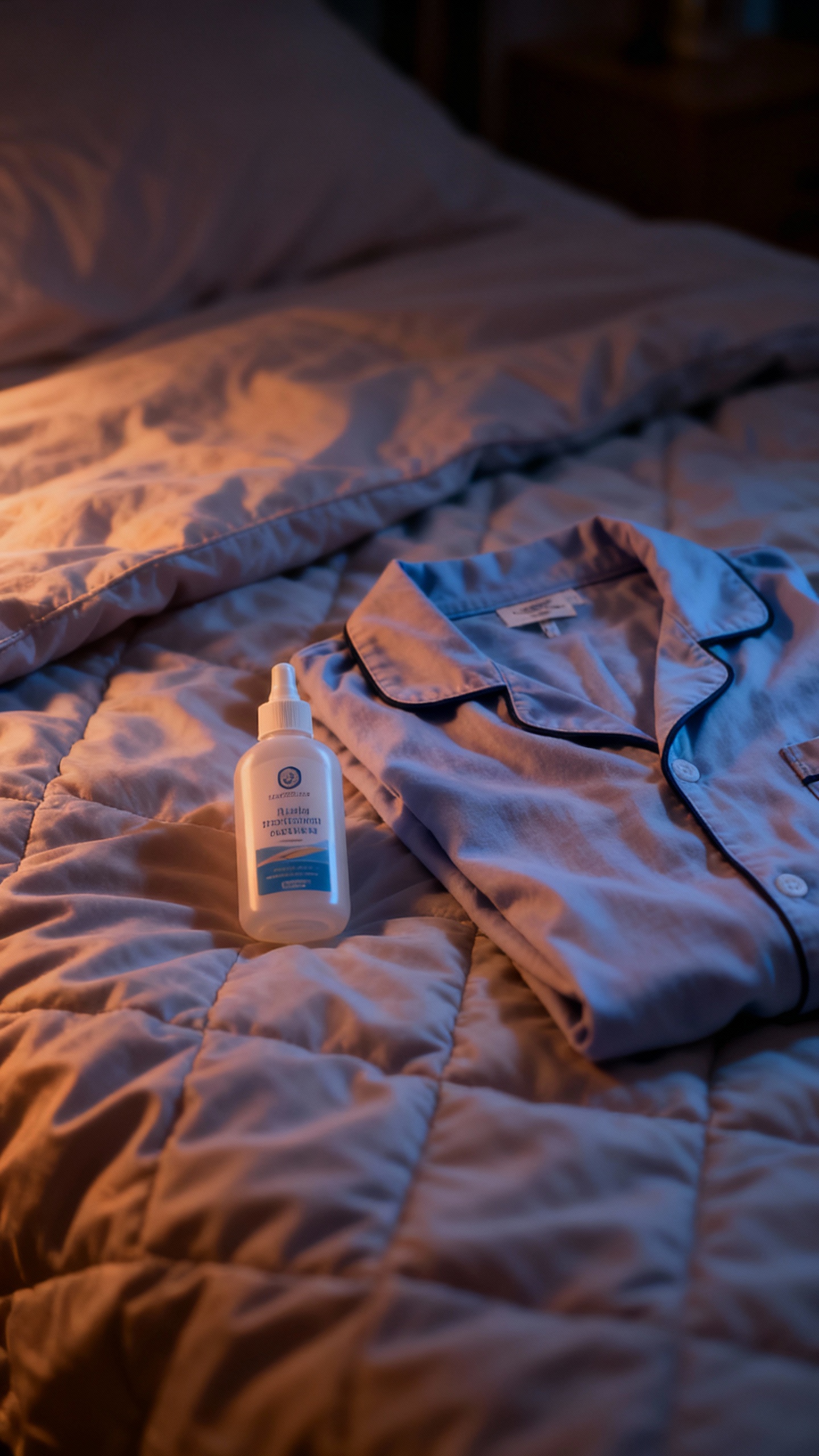 Bedroom night scene, dim lamp, lube bottle and soft pajamas on quilt
