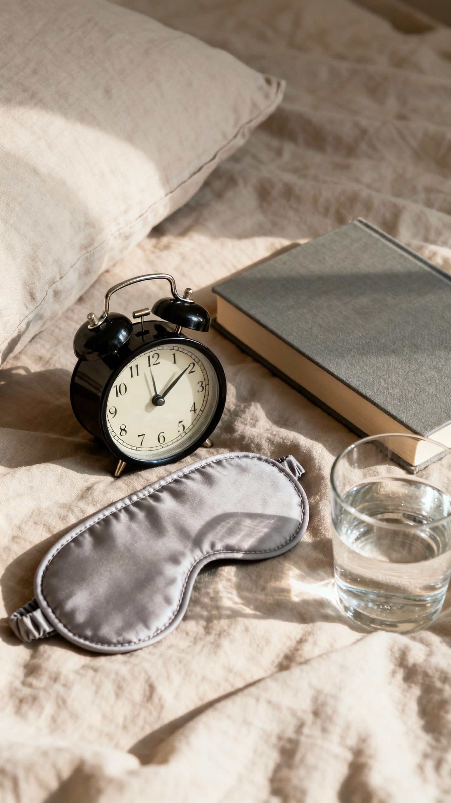 Bedside scene: analog alarm clock near eye mask, hardcover book, glass of water, soft neutral linens