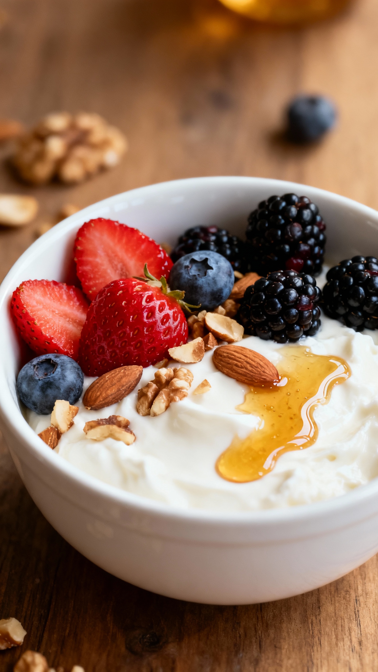Bowl of Greek yogurt with berries, nuts, honey drizzle