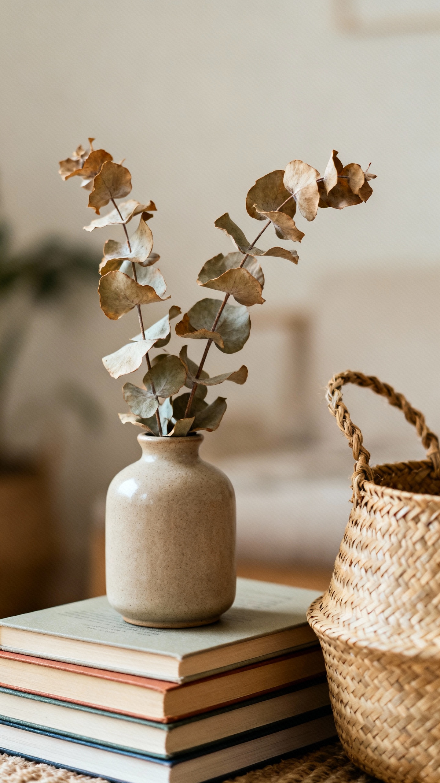 Ceramic vase with dried eucalyptus on books, woven basket nearby