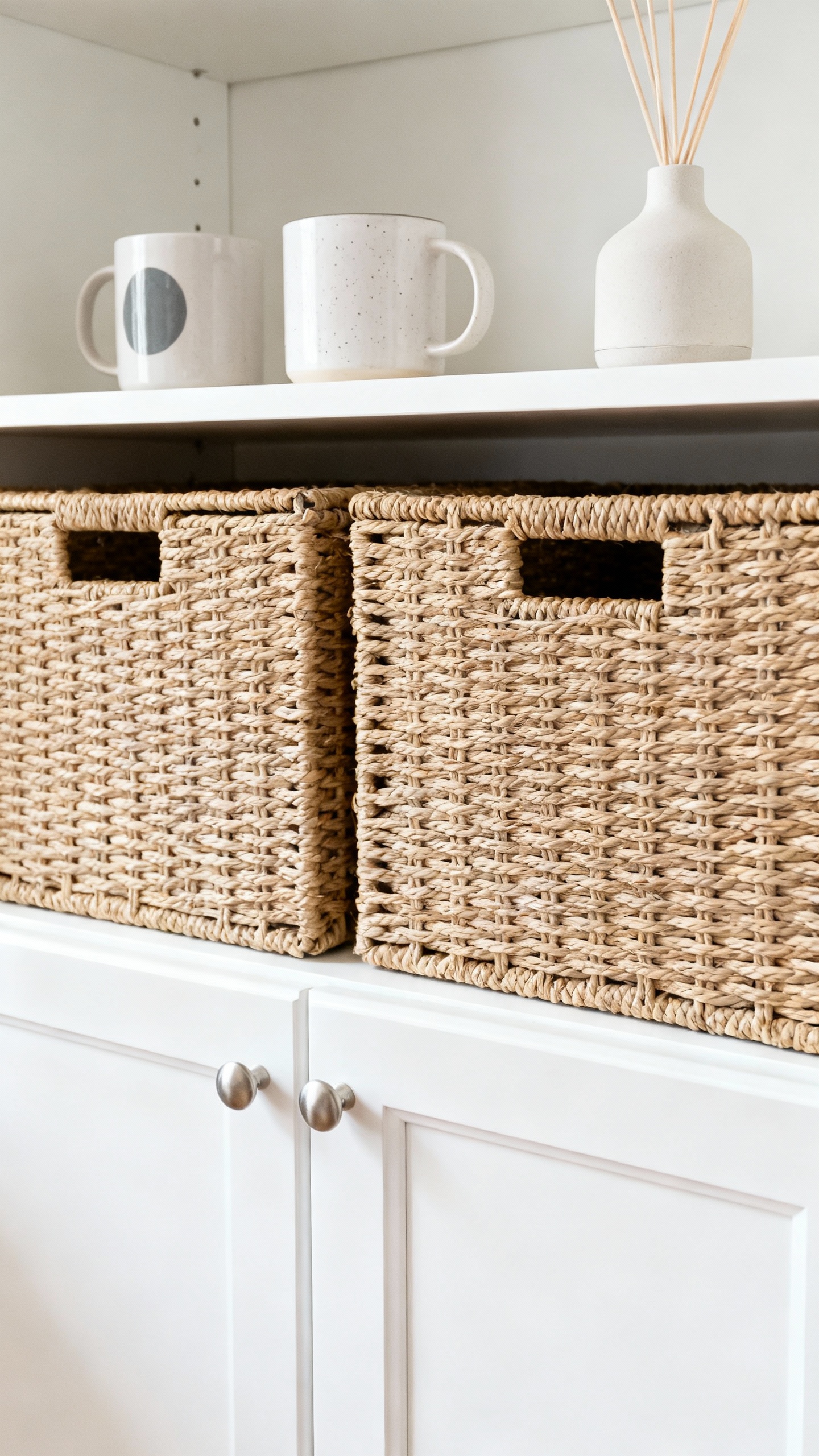 Closed wicker baskets in white cabinet, open shelf above with two mugs, diffuser