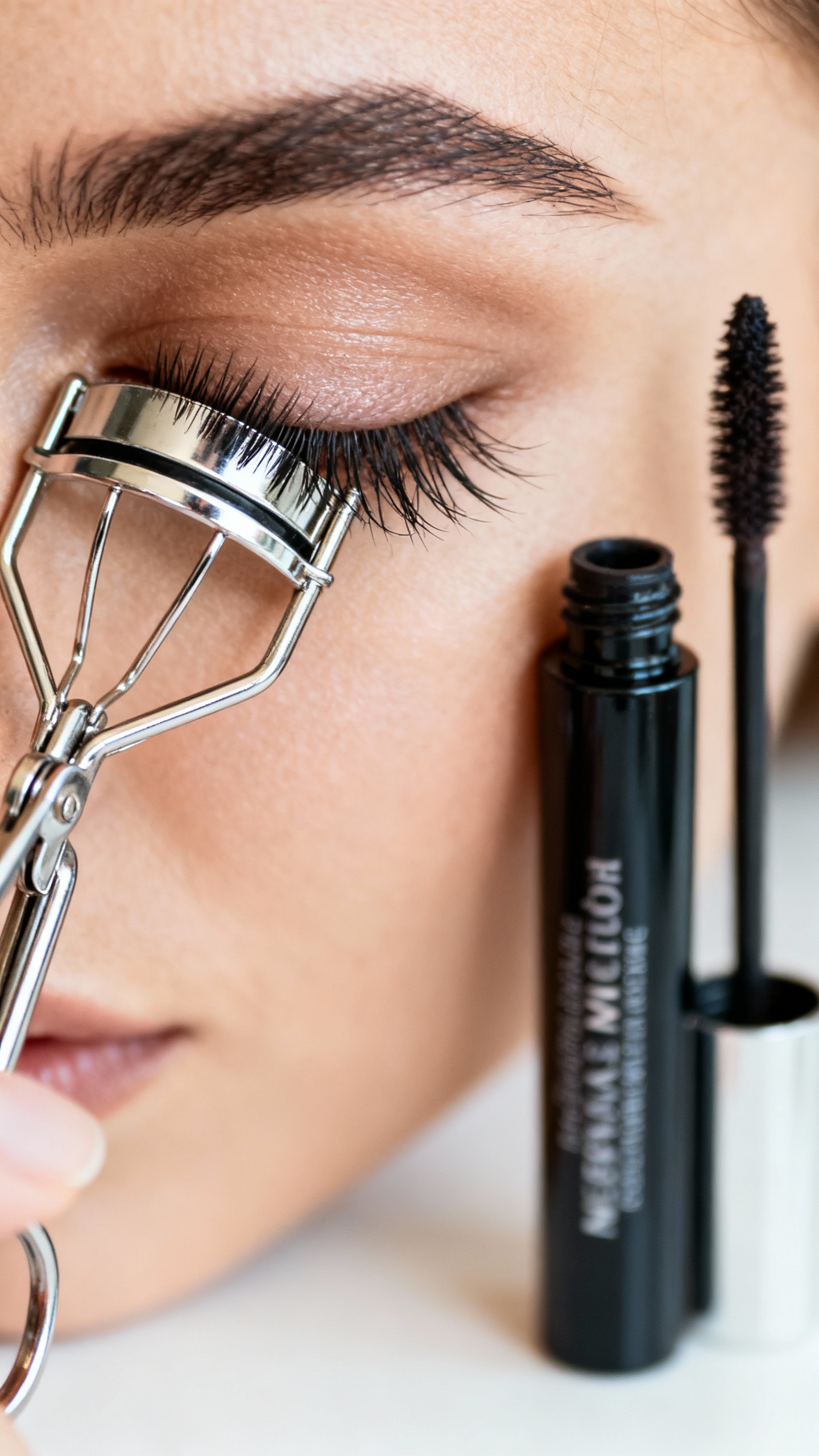 Closeup curling eyelashes with metal curler, smudge-proof mascara nearby