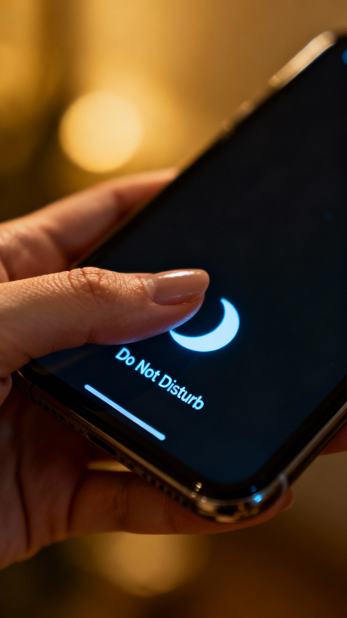 Closeup female hand silencing smartphone, Do Not Disturb moon icon glowing