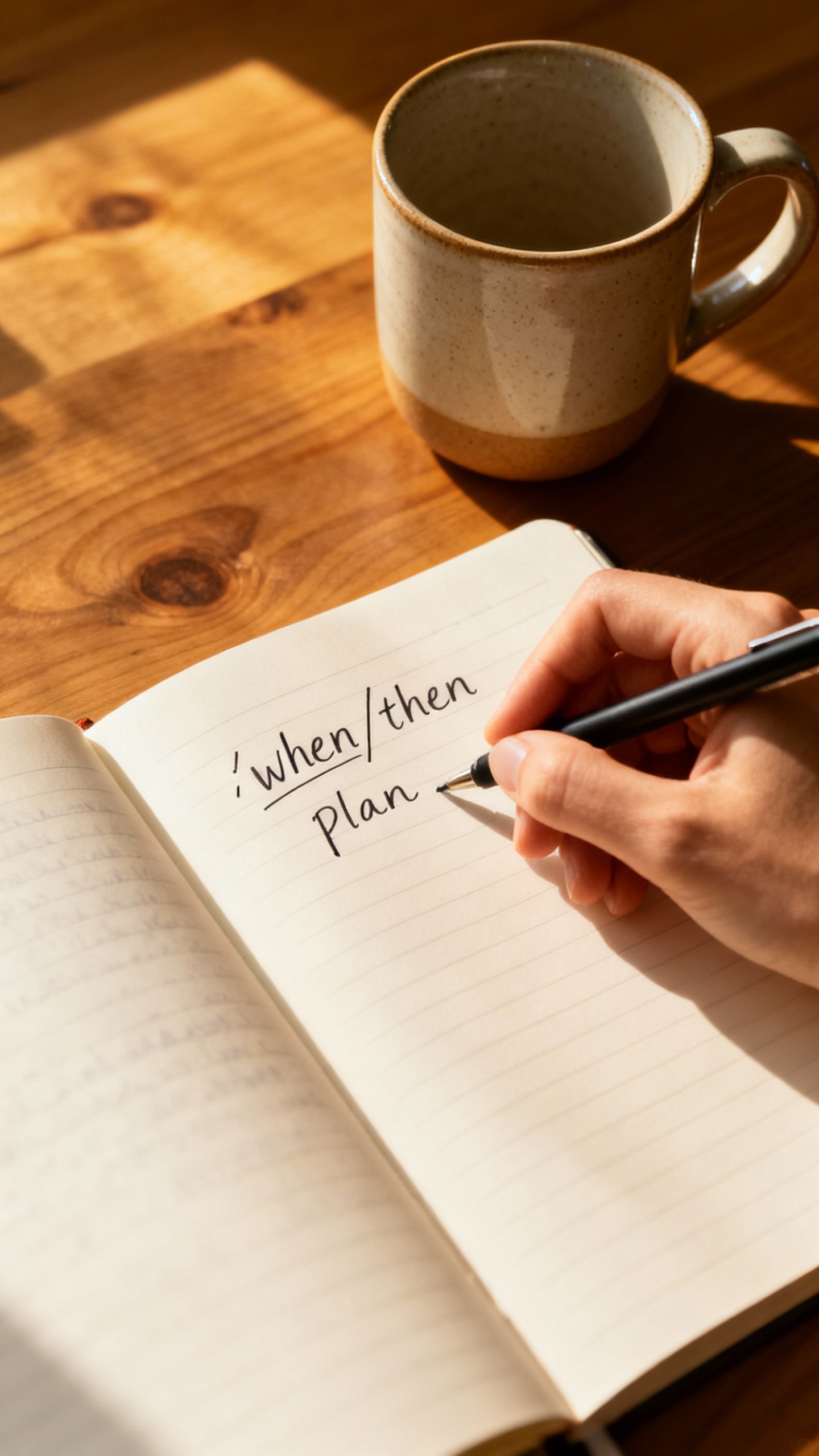 Closeup female hand writing “when/then” plan in journal, wooden desk, ceramic mug, soft morning 