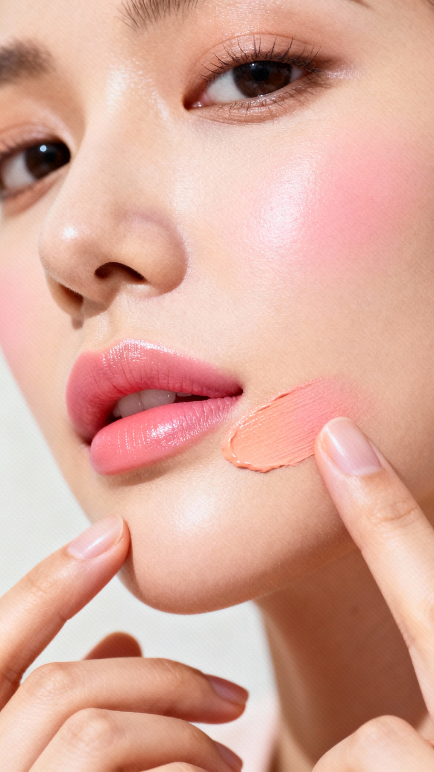 Closeup female hands applying cream blush, rosy glow, Cupid’s bow highlight