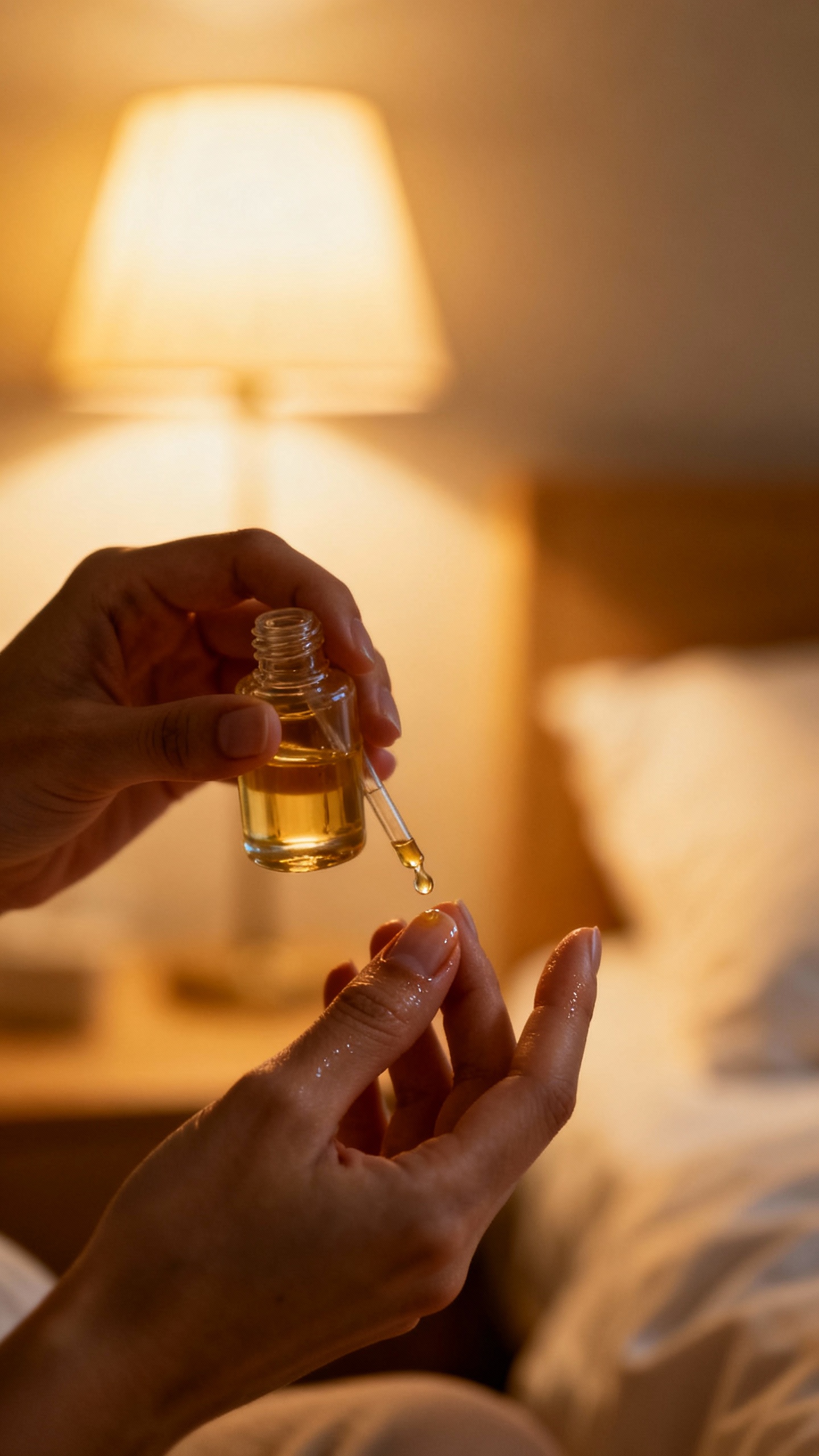 Closeup female hands applying cuticle oil at bedtime, soft lamp glow