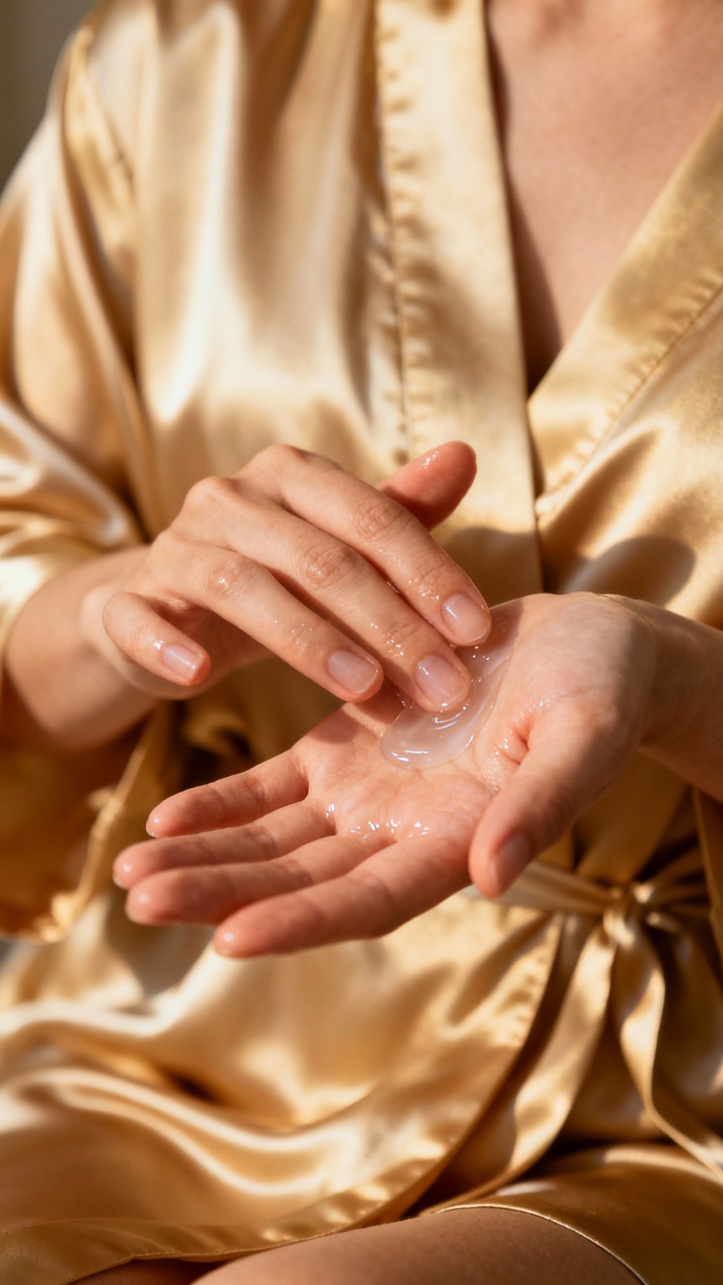 Closeup female hands applying moisturizer, soft lighting, satin robe