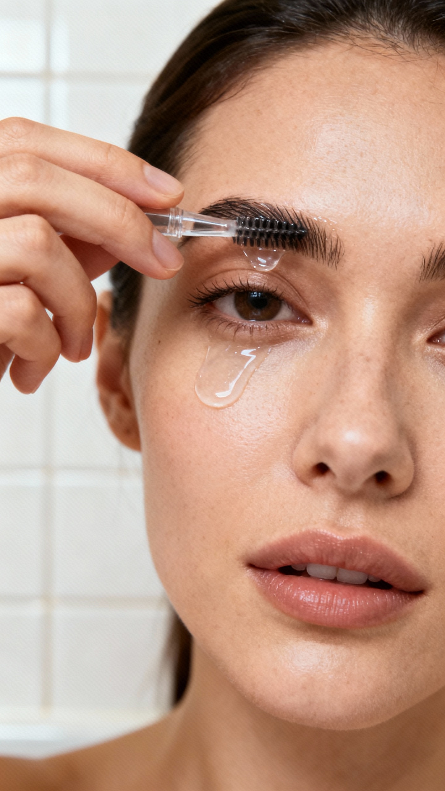 Closeup female hands brushing brows with clear gel, bathroom light