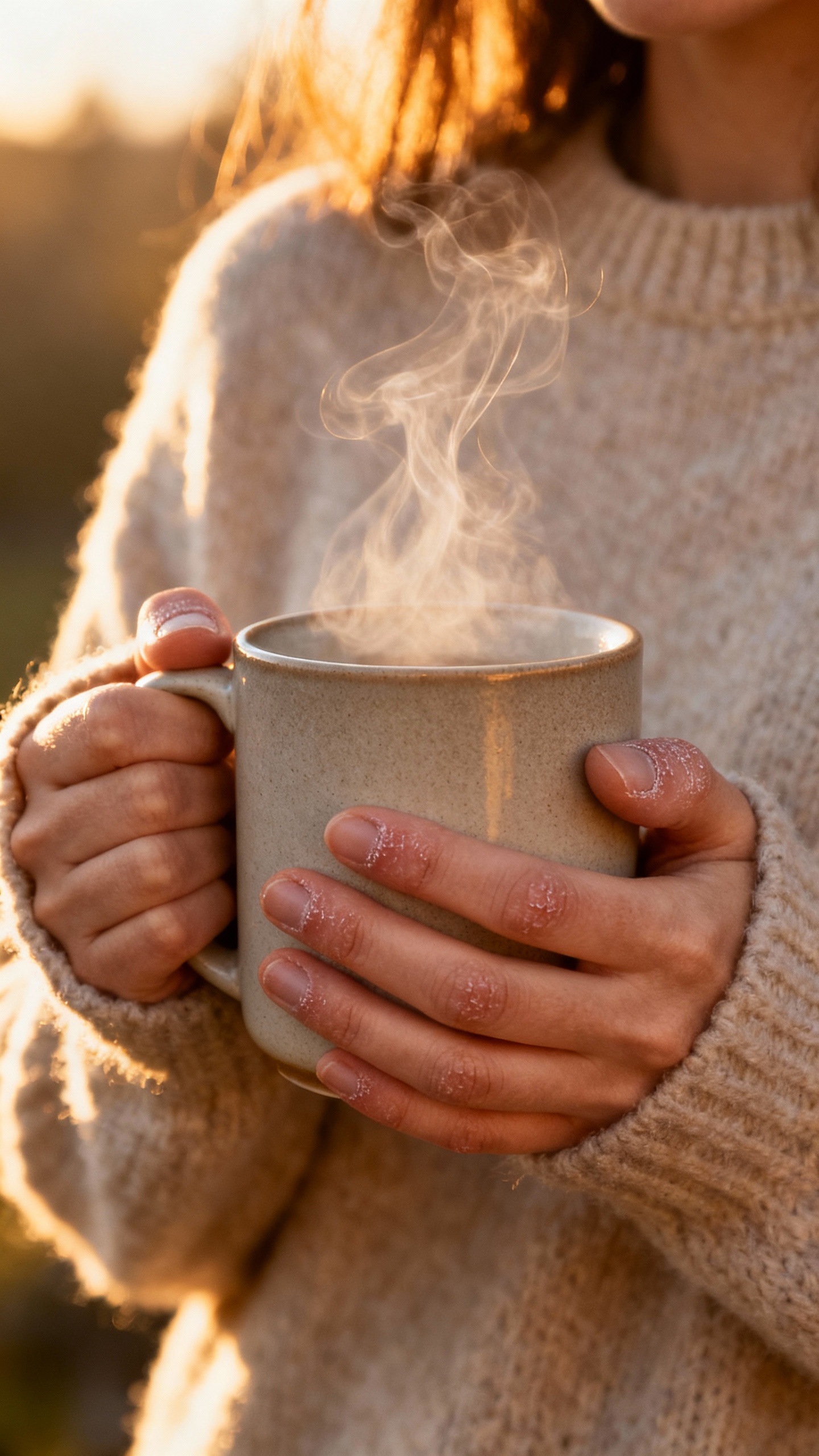 Closeup female hands holding steaming mug, morning light, soft sweater texture