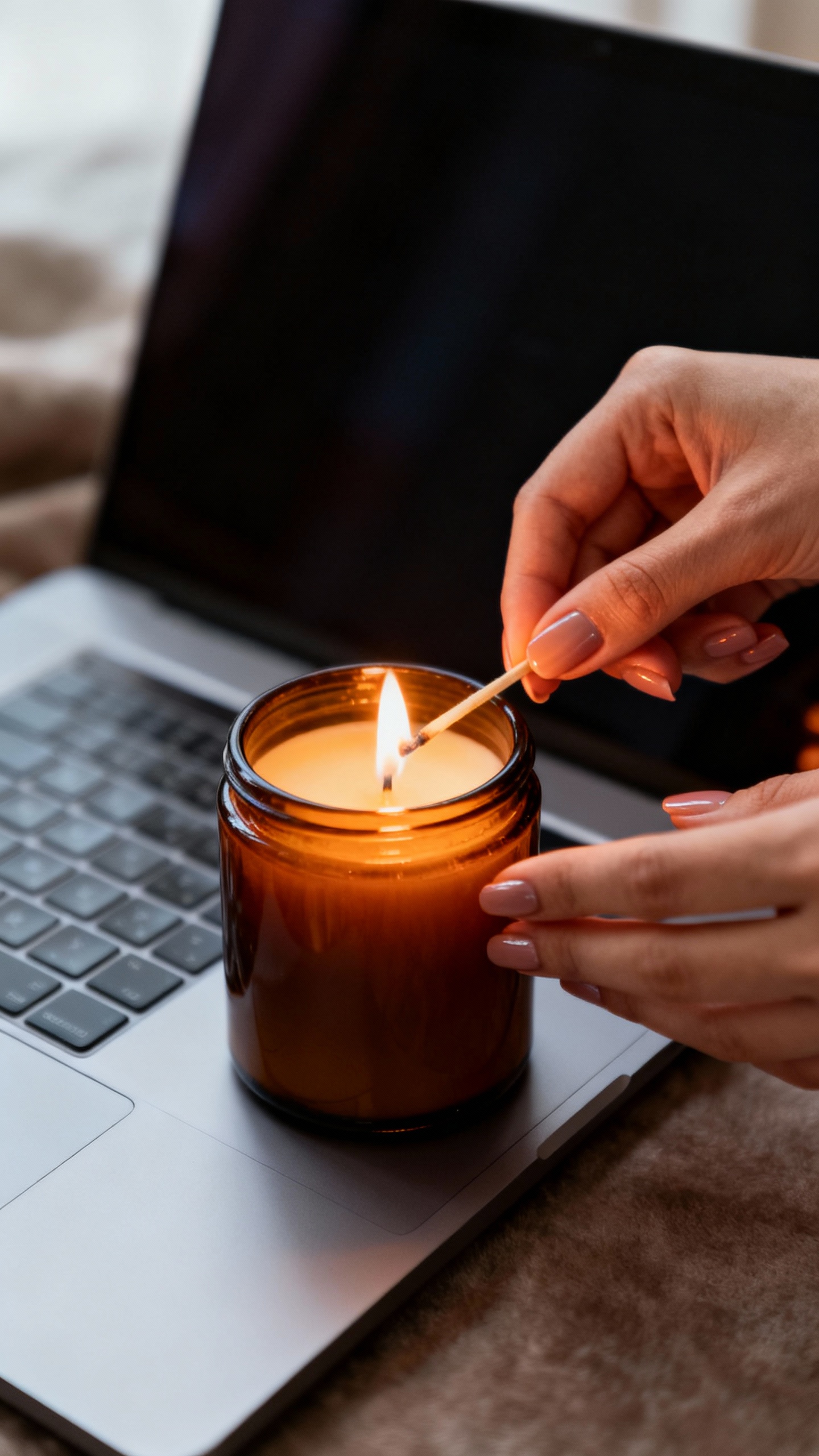 Closeup female hands lighting amber candle beside laptop