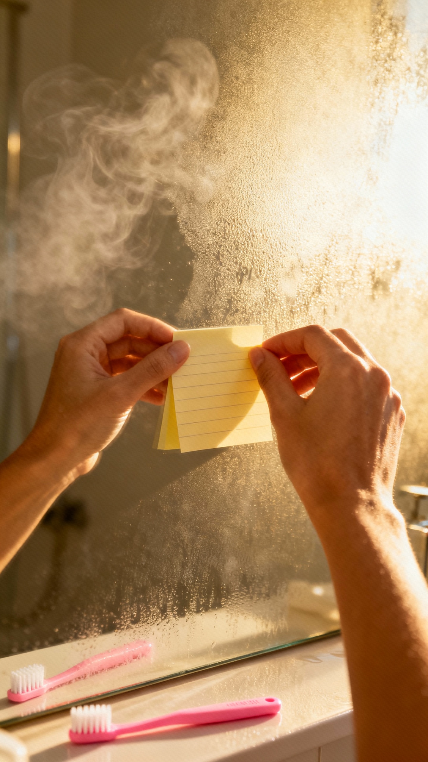 Closeup female hands placing sticky note on mirror, “Today I choose calm focus,” soft morning li