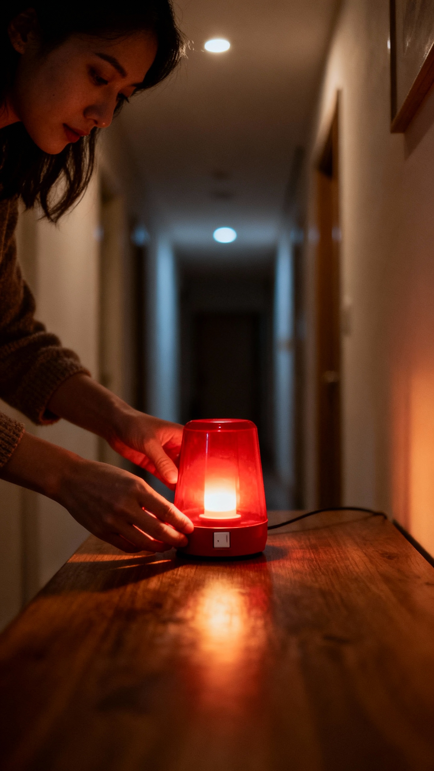 Closeup female hands setting red nightlight on hallway table, dim warm glow
