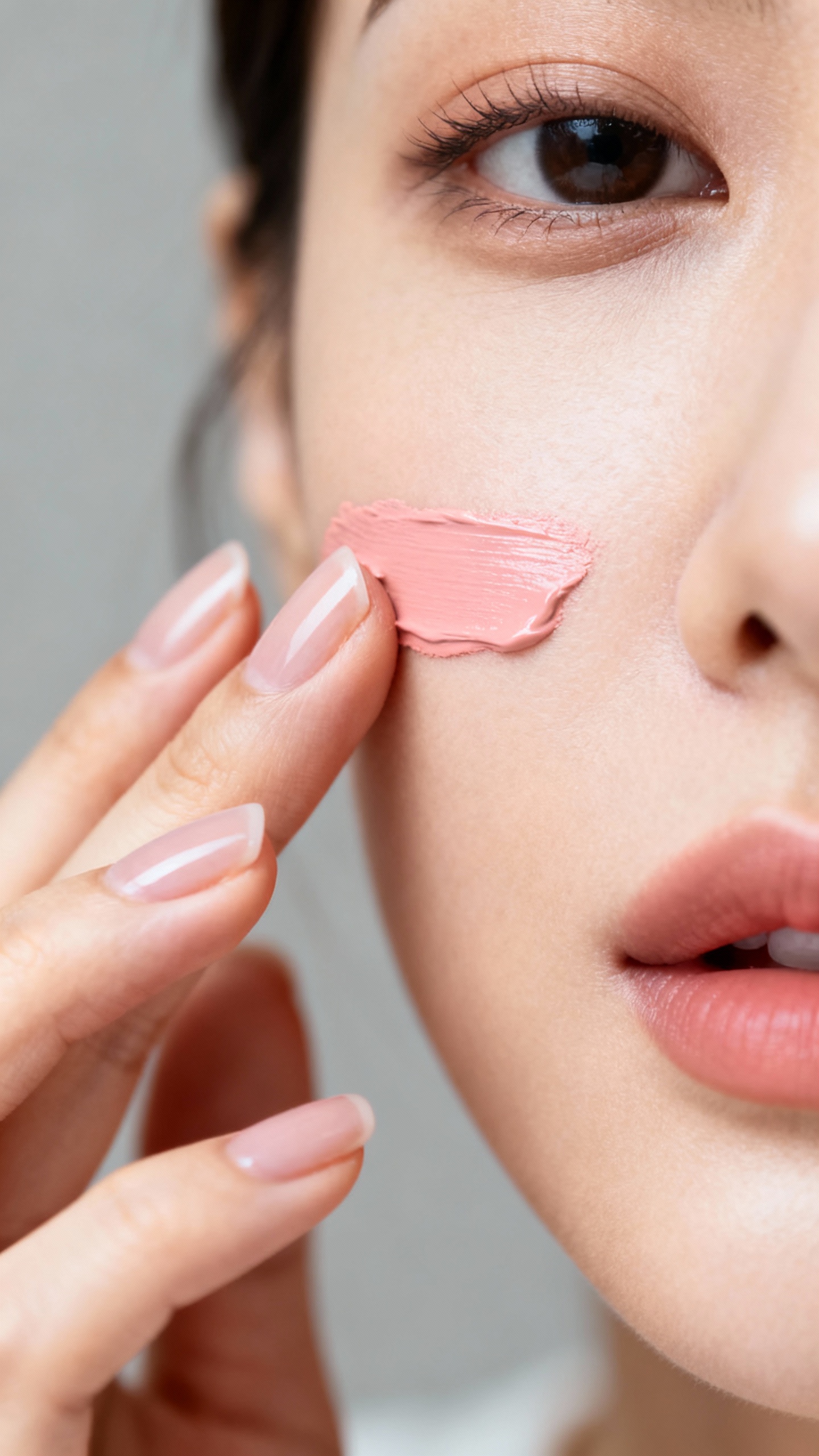 Closeup female hands tapping cream blush across nose bridge