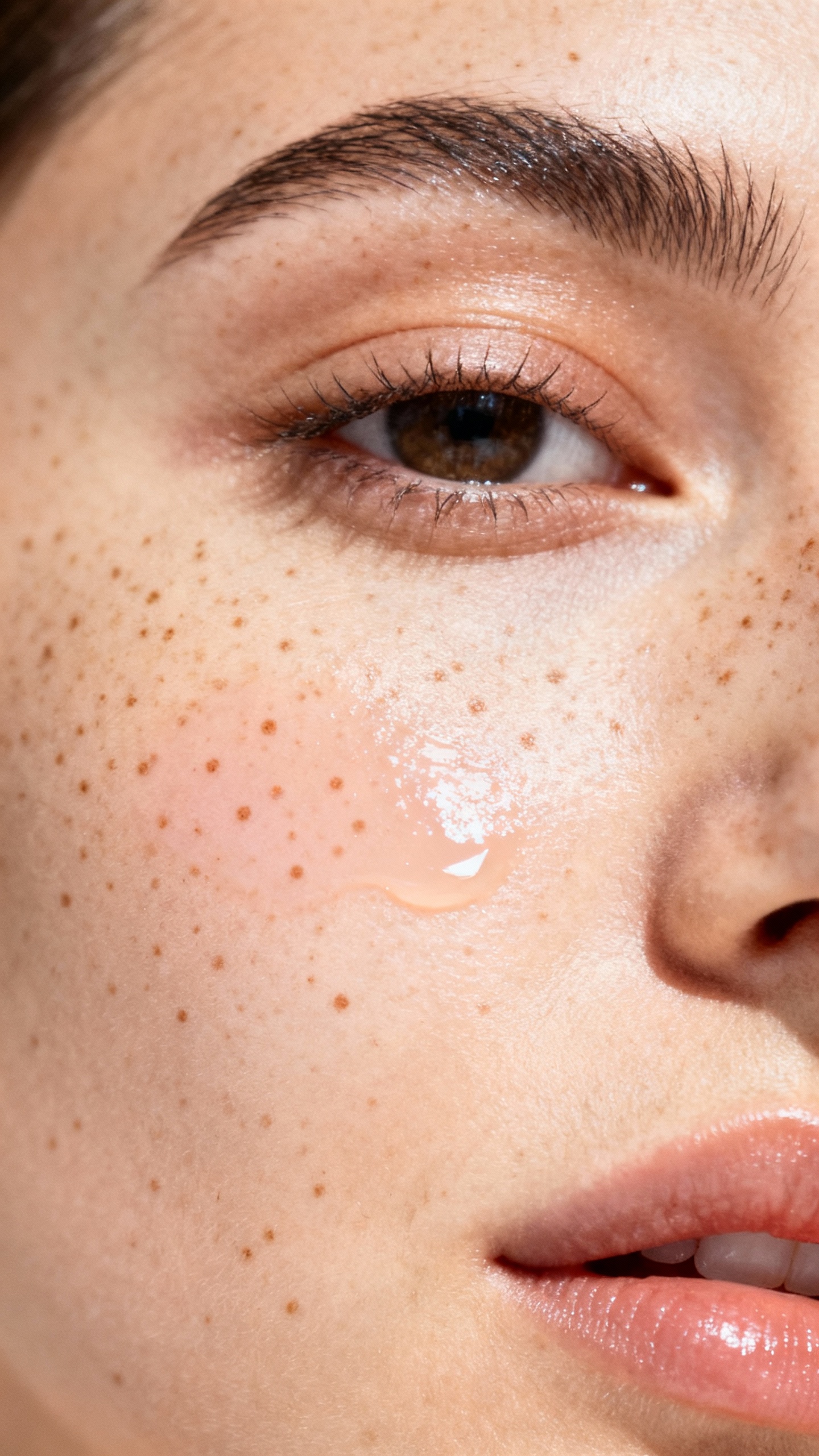 Closeup freckle pen dots blending over tinted serum skin