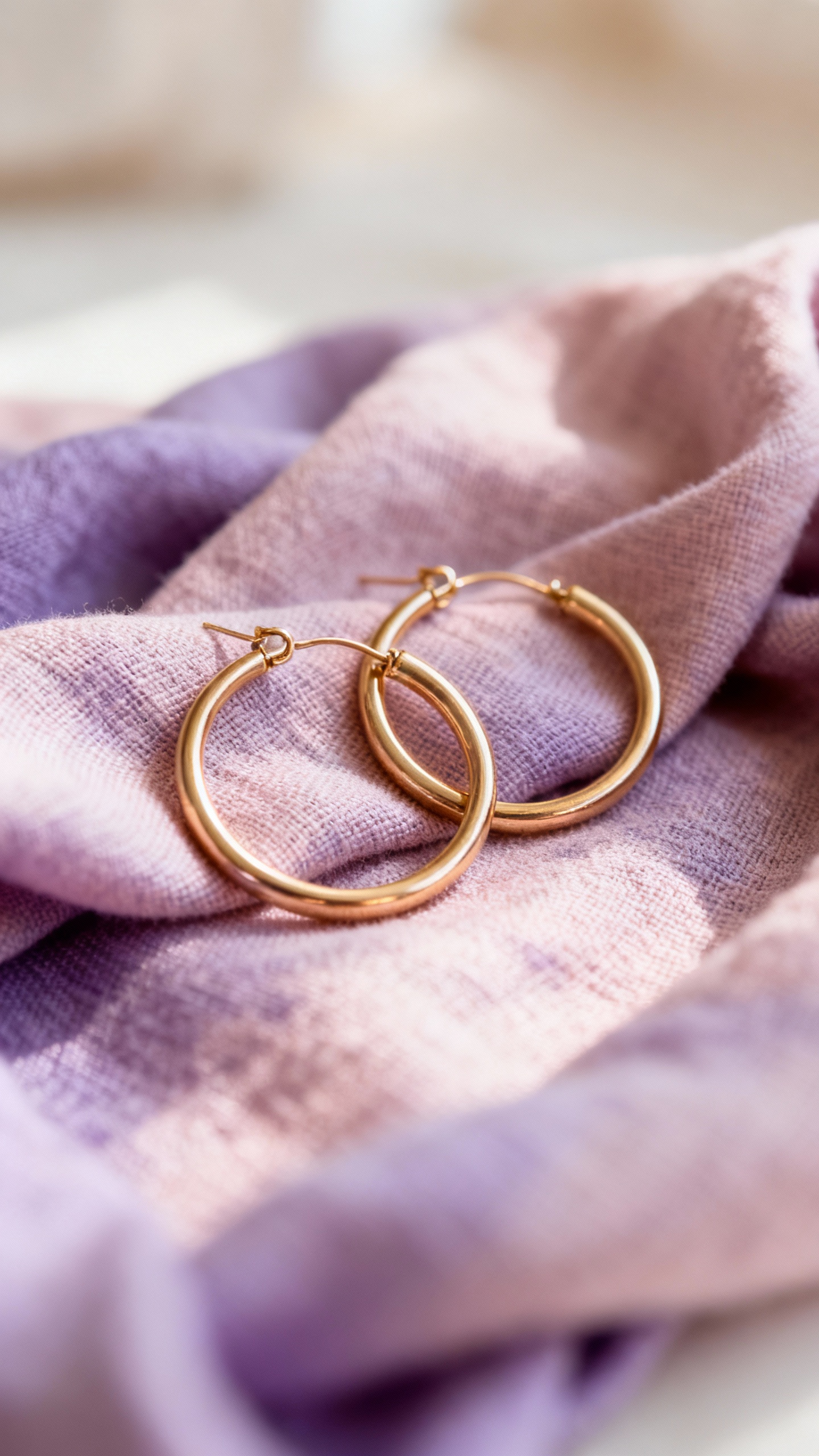 Closeup gold hoop earrings on brushed cotton scarf, blush and lavender tones