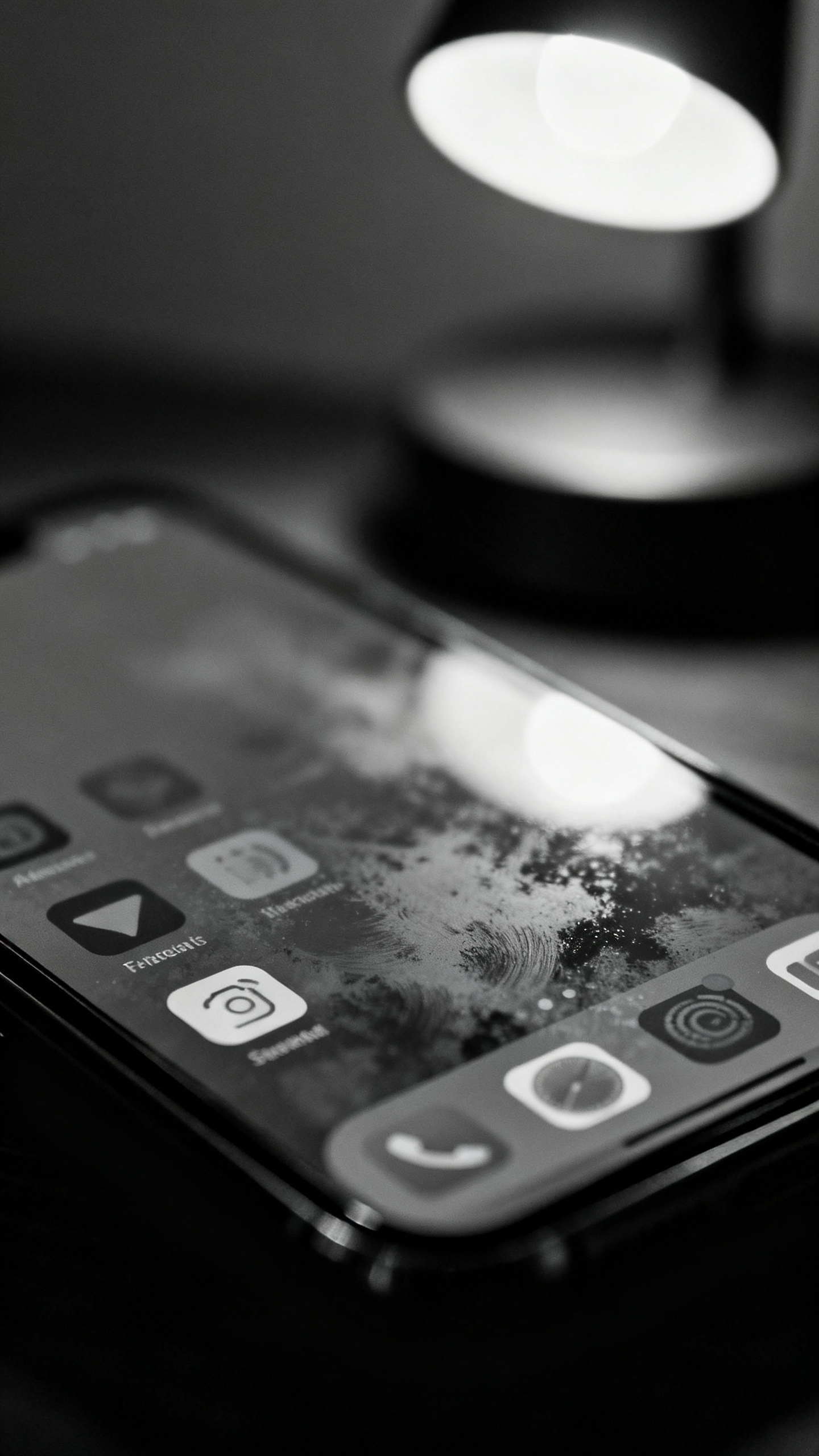 Closeup grayscale smartphone screen, muted icons, smudged glass, soft night lamp glow