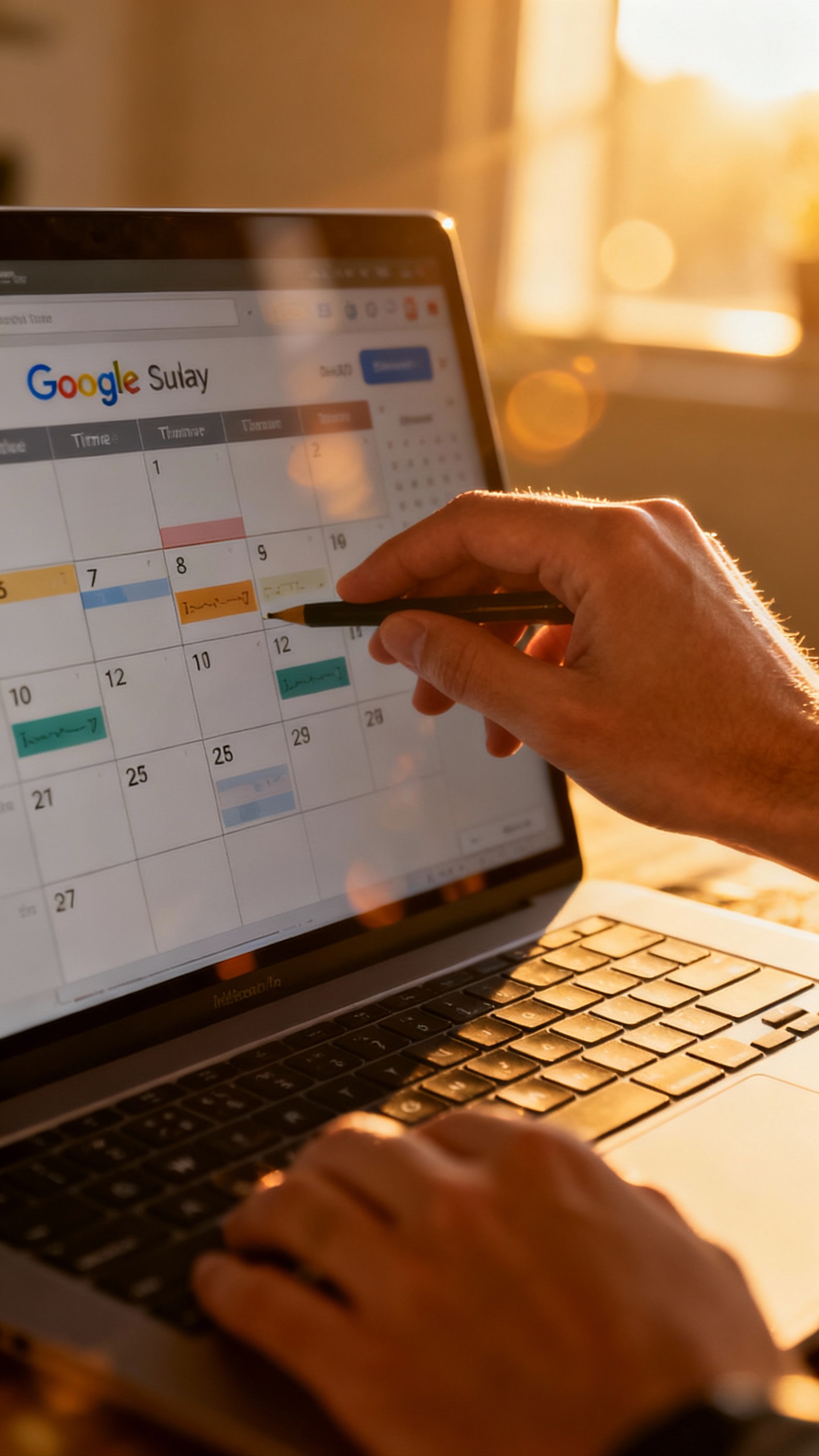 Closeup hands time-blocking Google Calendar on laptop, Sunday sunlight