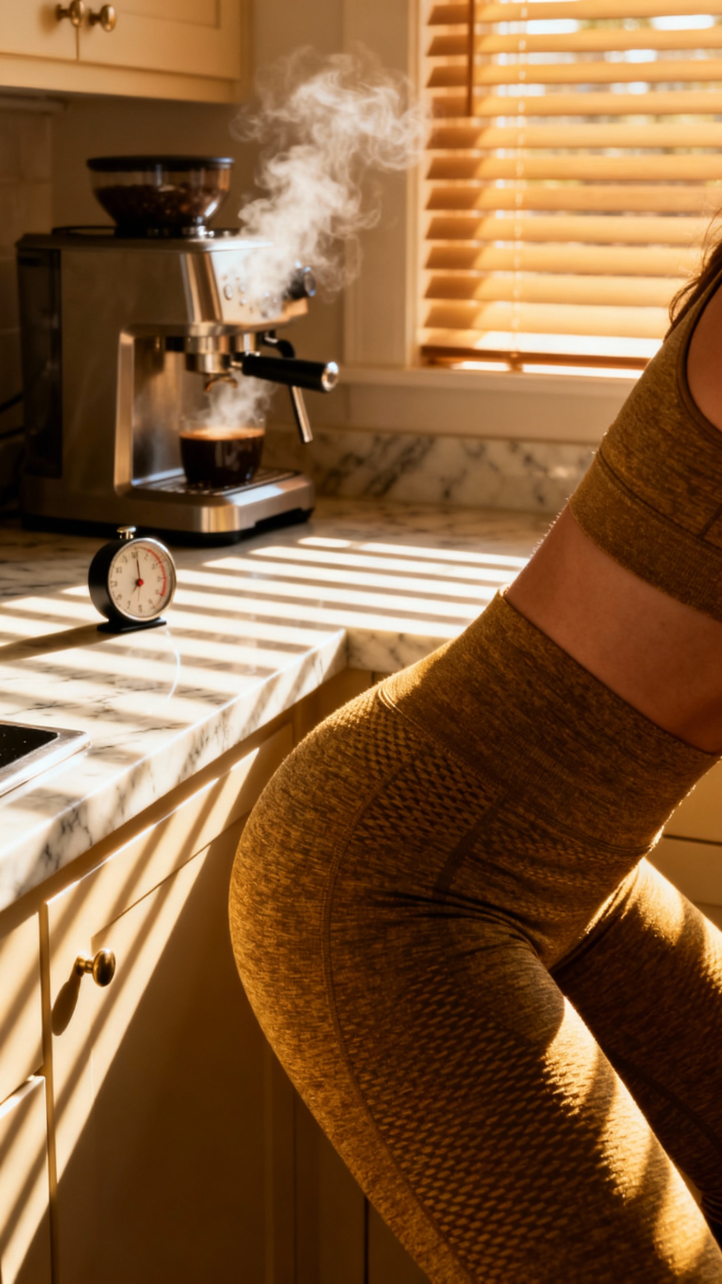 Closeup midsection doing squats at kitchen counter, leggings texture, coffee machine steaming, sunli