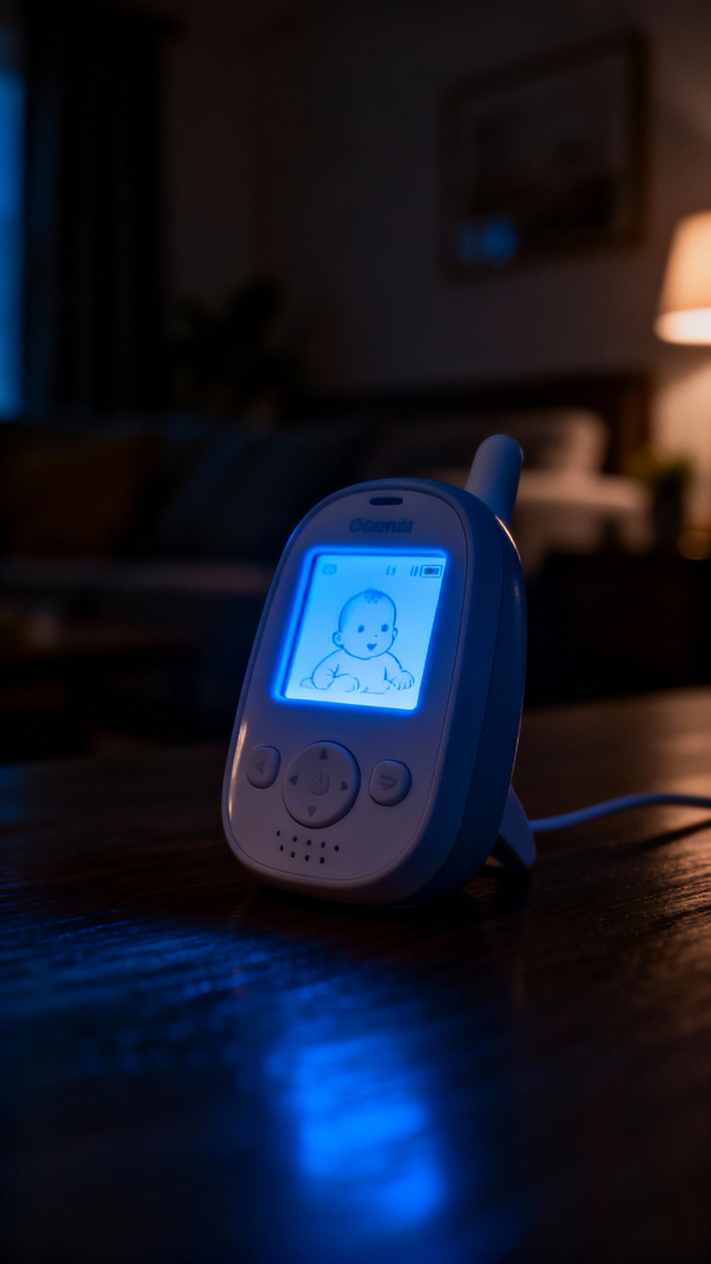 Closeup of baby monitor flickering, dark living room, soft blue glow