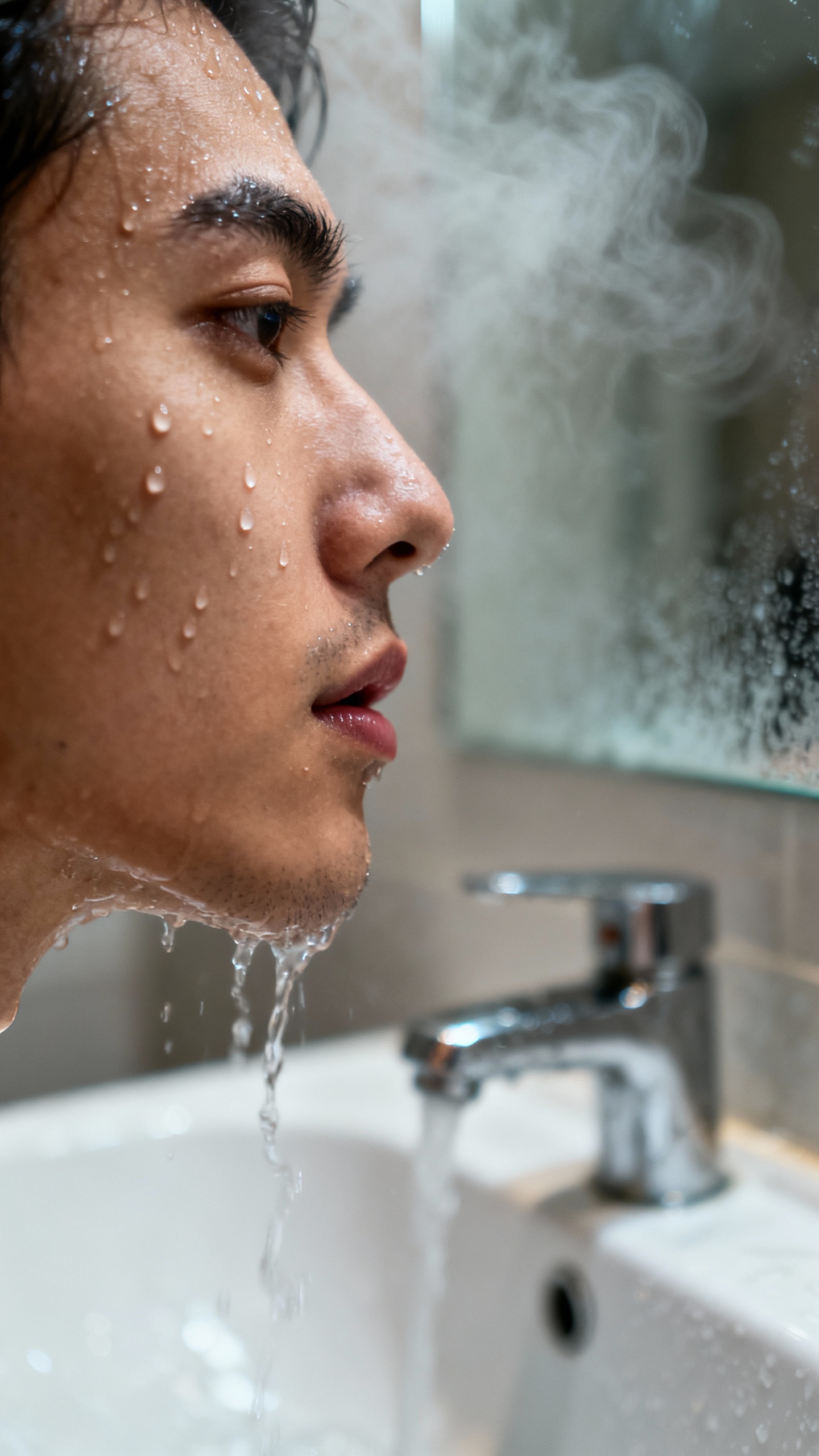 Closeup of bathroom sink splash, water on cheeks, tense jaw, mirror steam