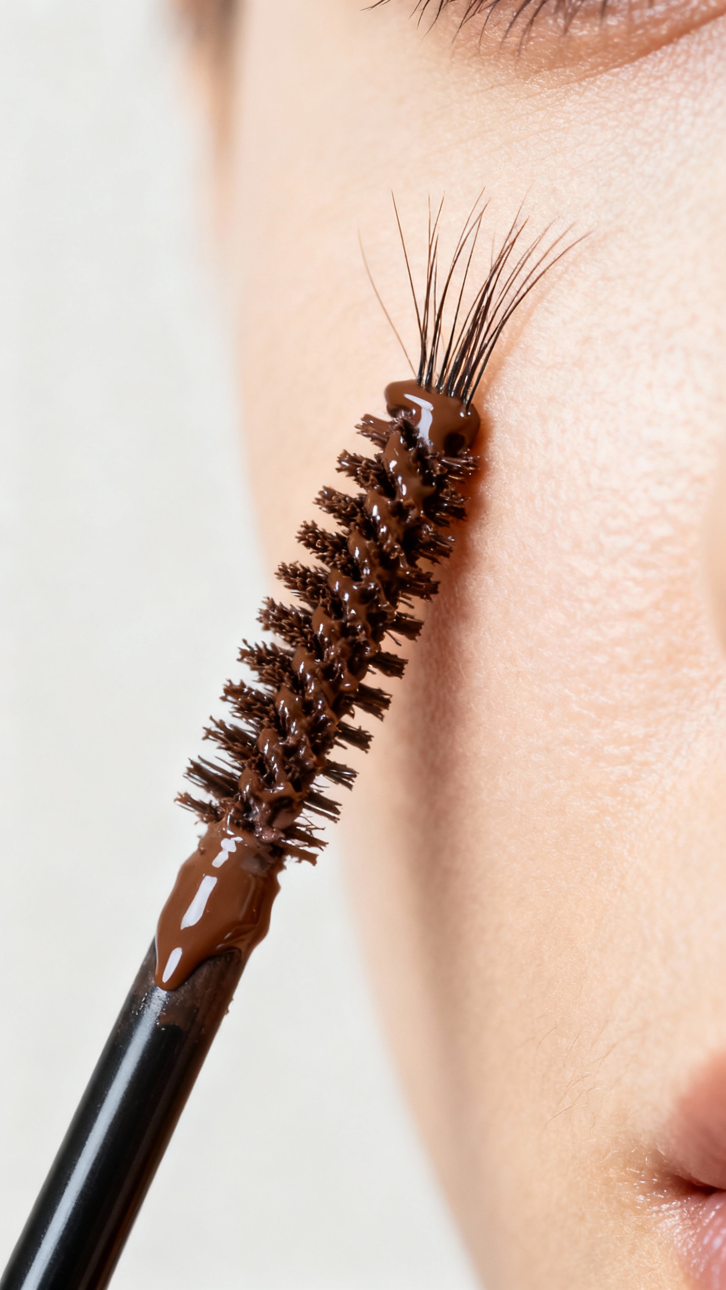 Closeup of brown brow gel brushing upward through sparse brows, flexible hold, neutral lighting