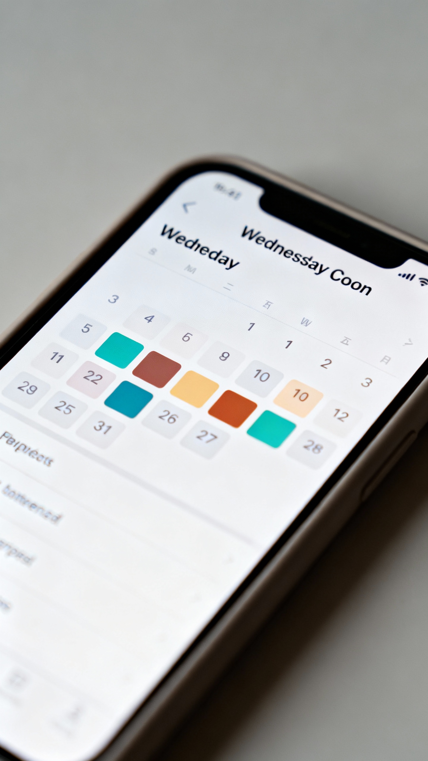 Closeup of calendar app showing Wednesday noon deadline, color-coded tasks