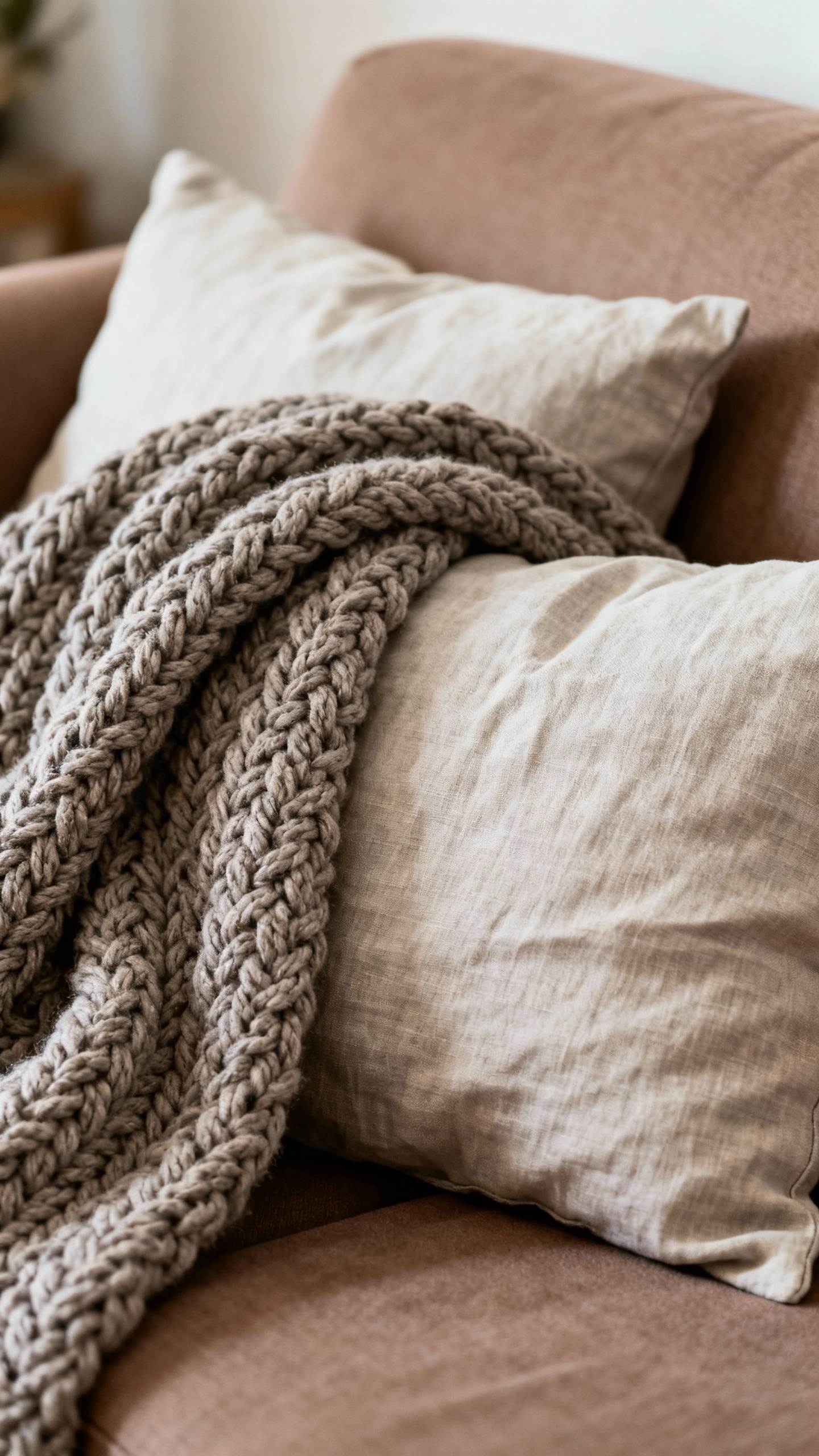 Closeup of chunky knit throw over linen pillows, warm taupe sofa