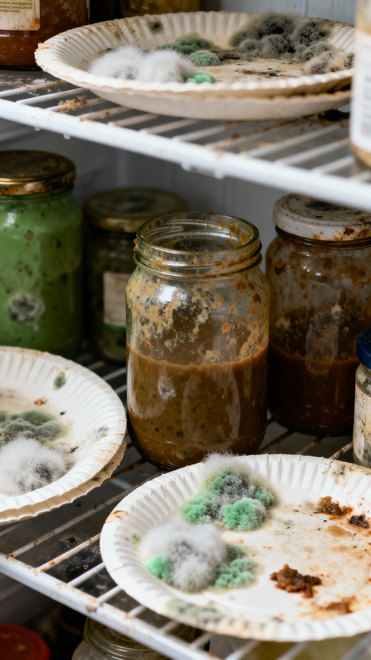Closeup of expired sauces and moldy leftovers in fridge drawer