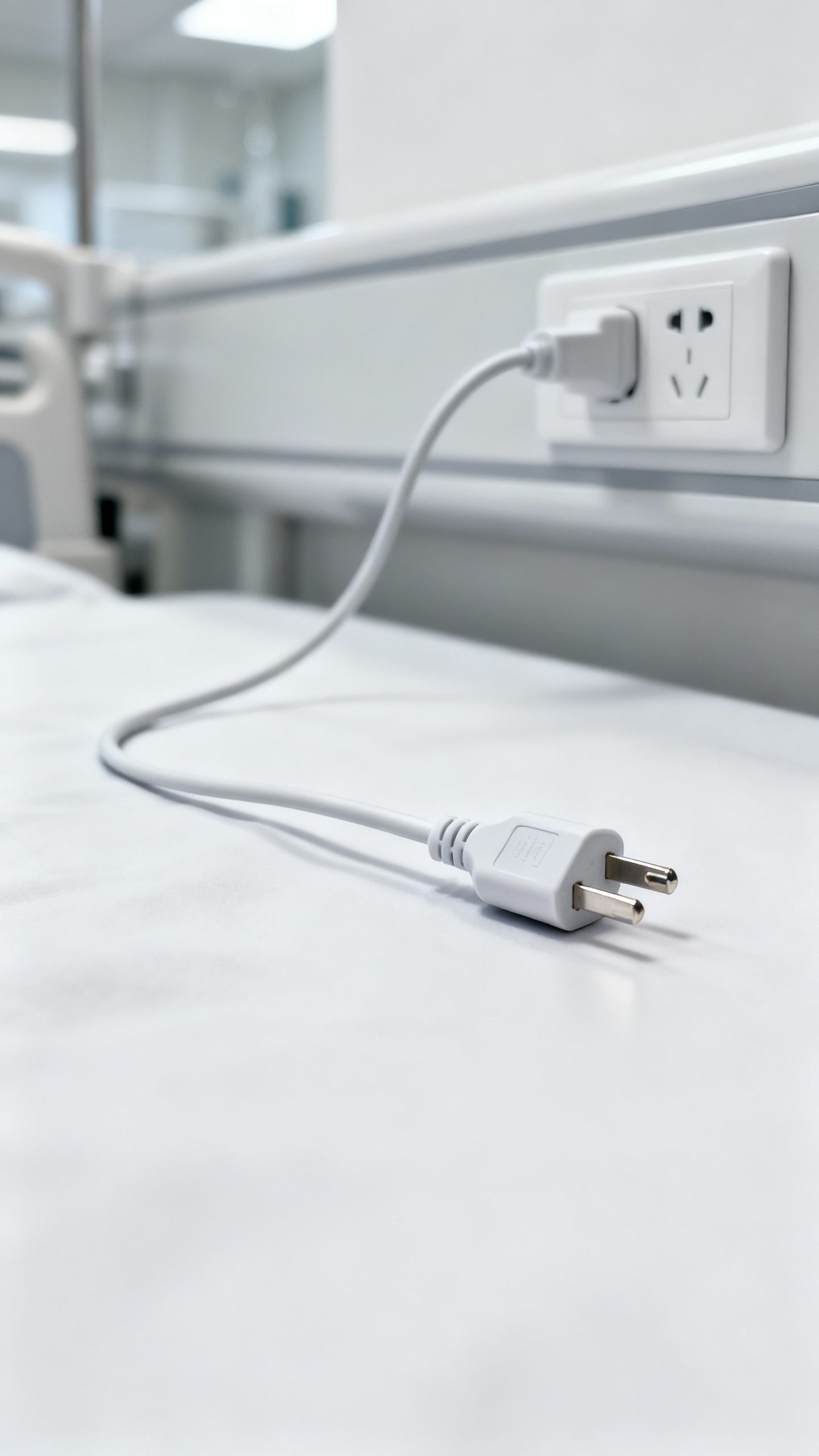 Closeup of extra-long phone charger plugged into distant hospital outlet