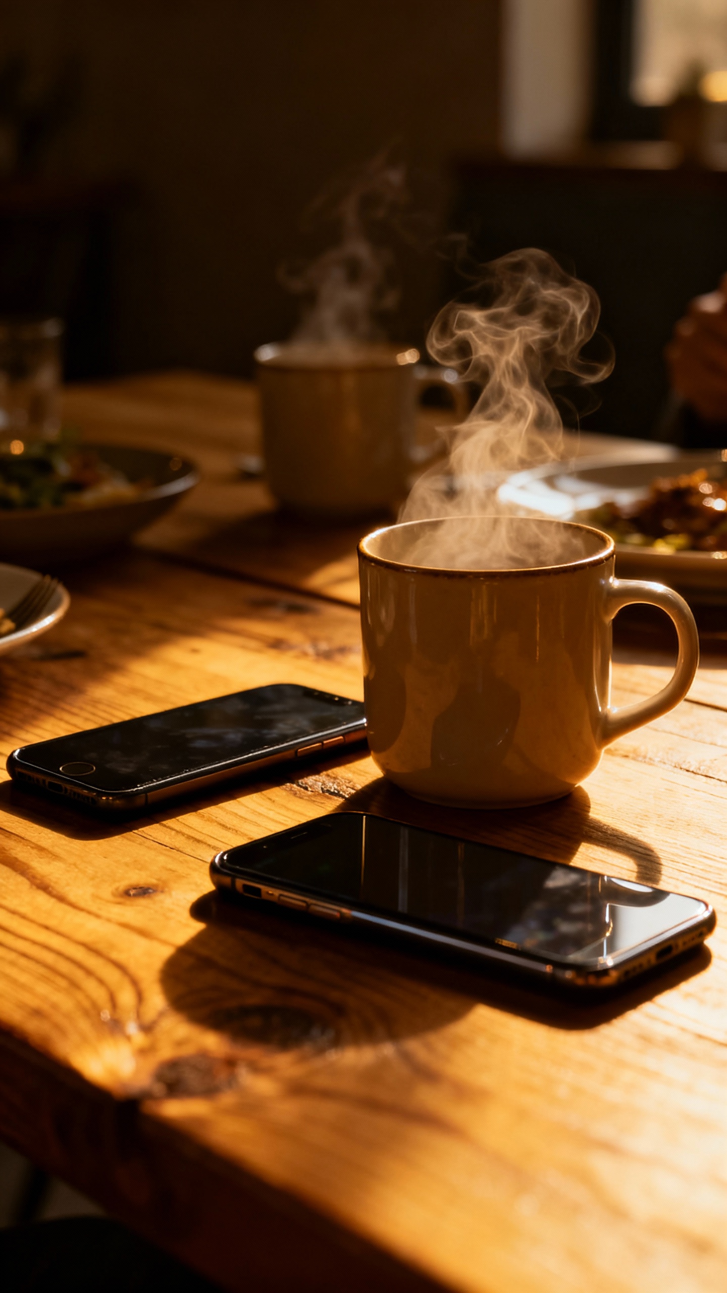 Closeup of face-down smartphones beside steaming mugs at dinner, wood table, dim ambient light