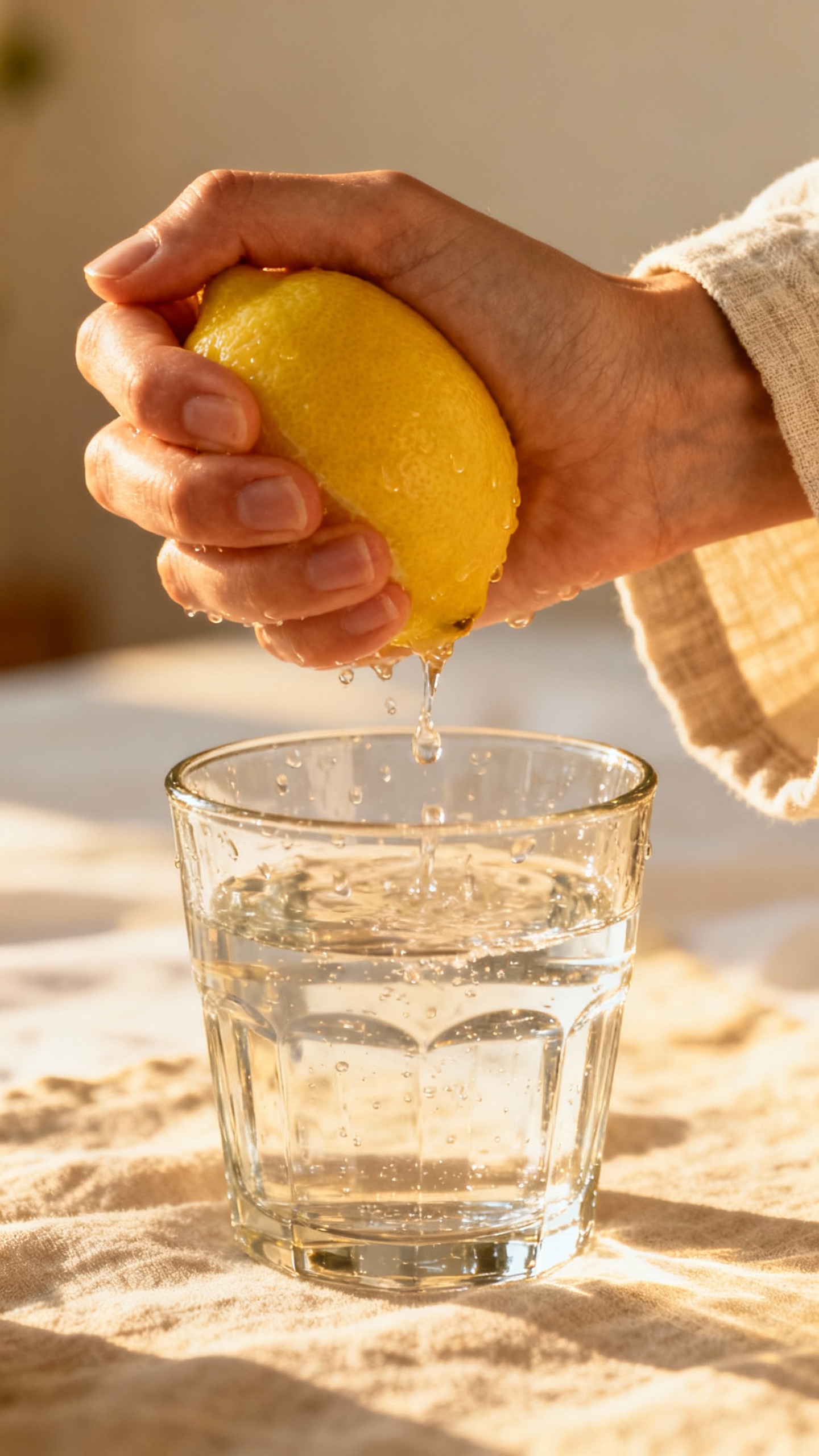 Closeup of female hands squeezing lemon into water, morning light, glass tumbler, linen robe sleeve