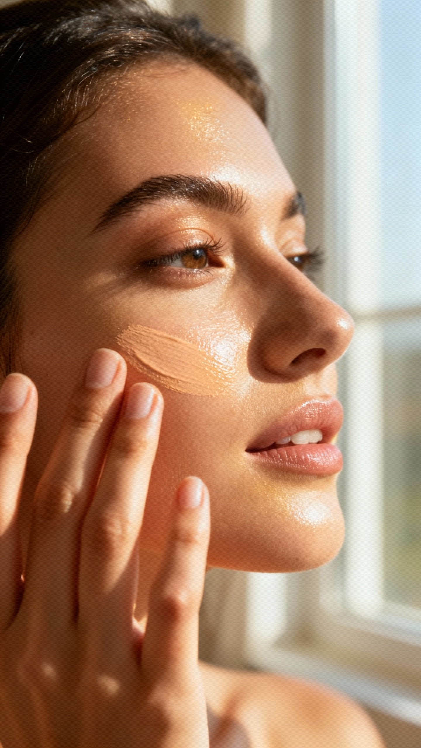 Closeup of female hands tapping tinted SPF on cheeks, dewy skin, morning window light