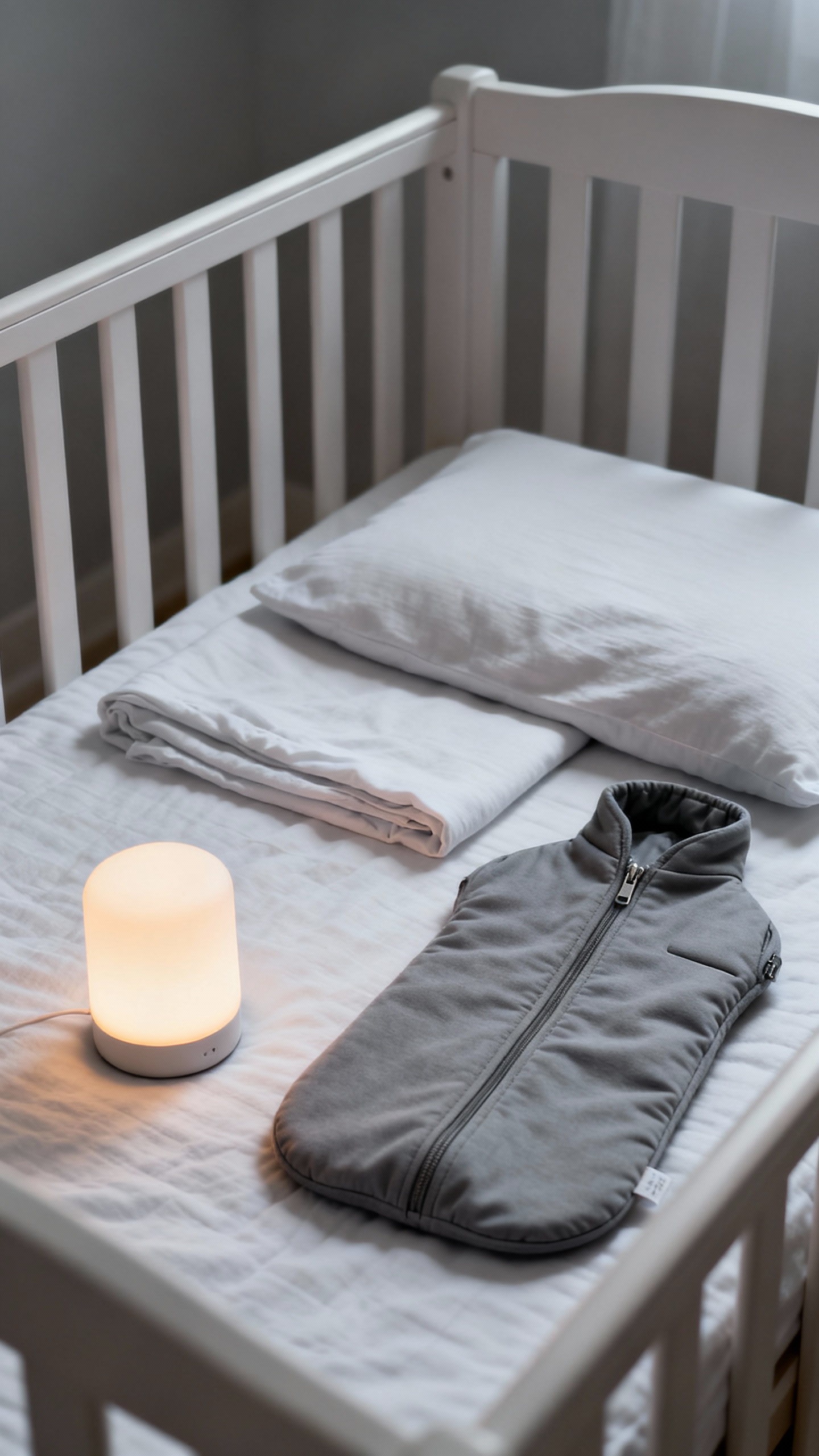 Closeup of firm crib mattress with two fitted cotton sheets, zip-up gray sleep sack beside dim night