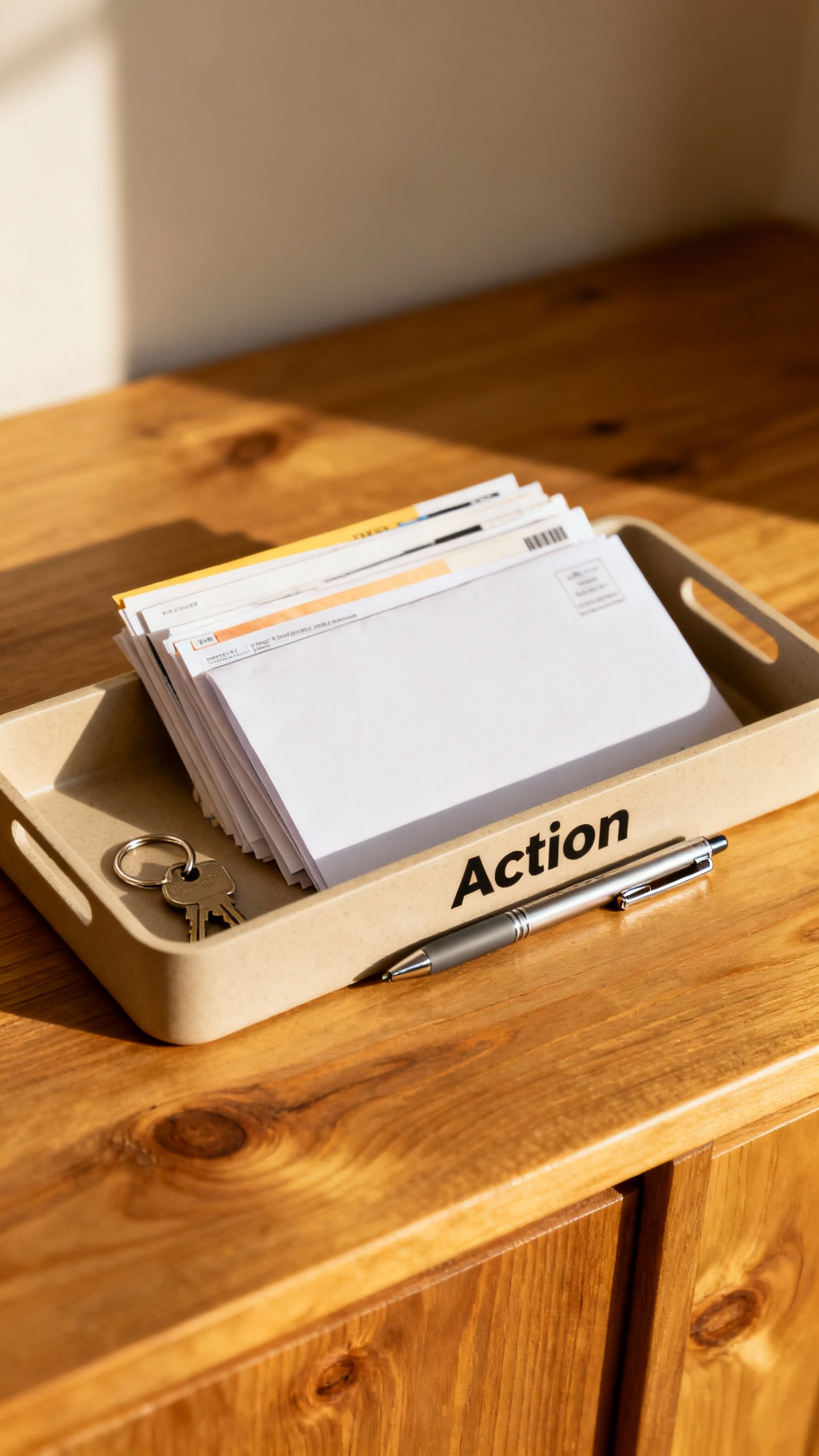 Closeup of labeled “Action” tray with mail, keys, pen on tidy wood entry table