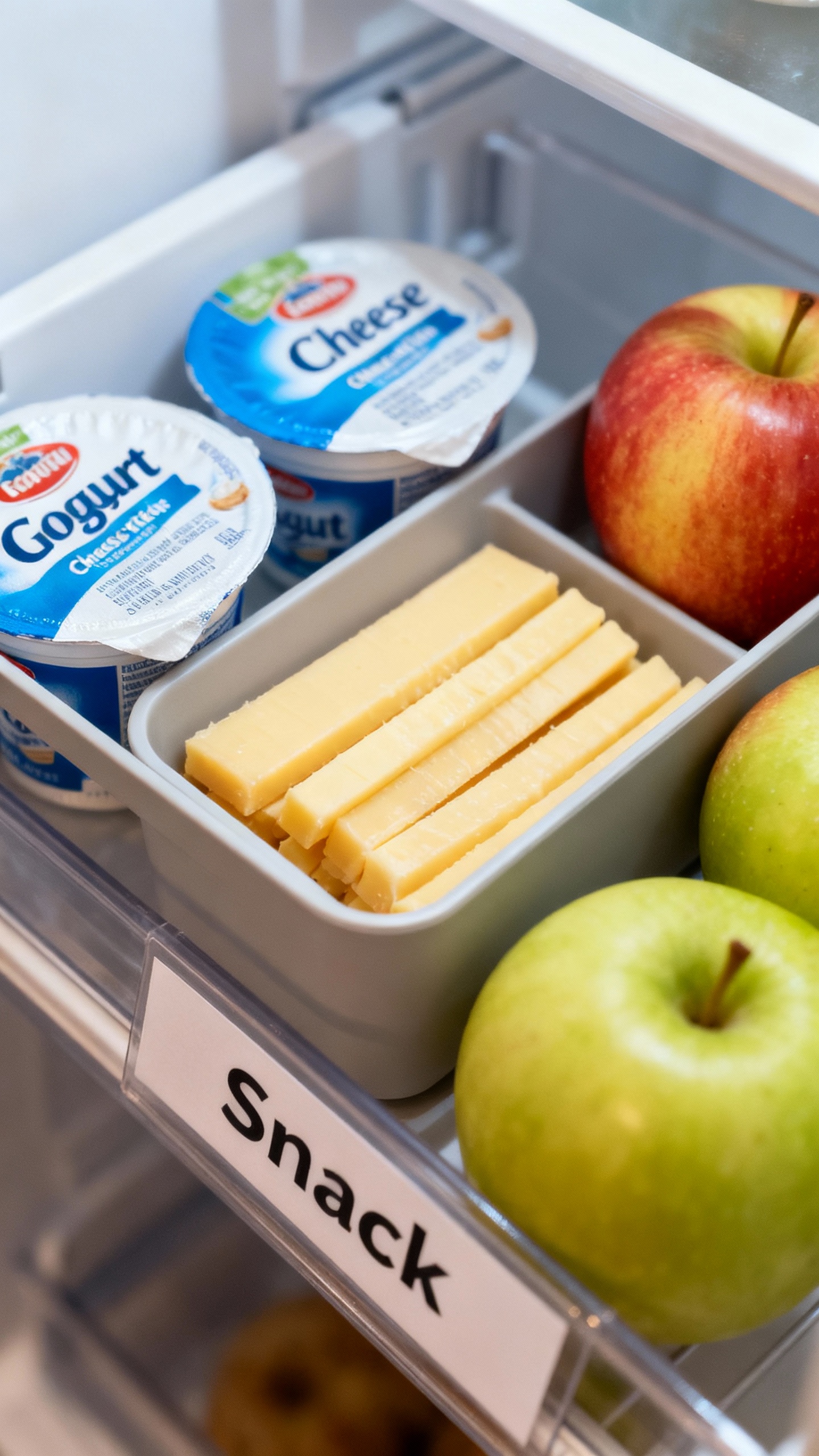 Closeup of labeled snack bin: cheese sticks, yogurts, apples in fridge drawer