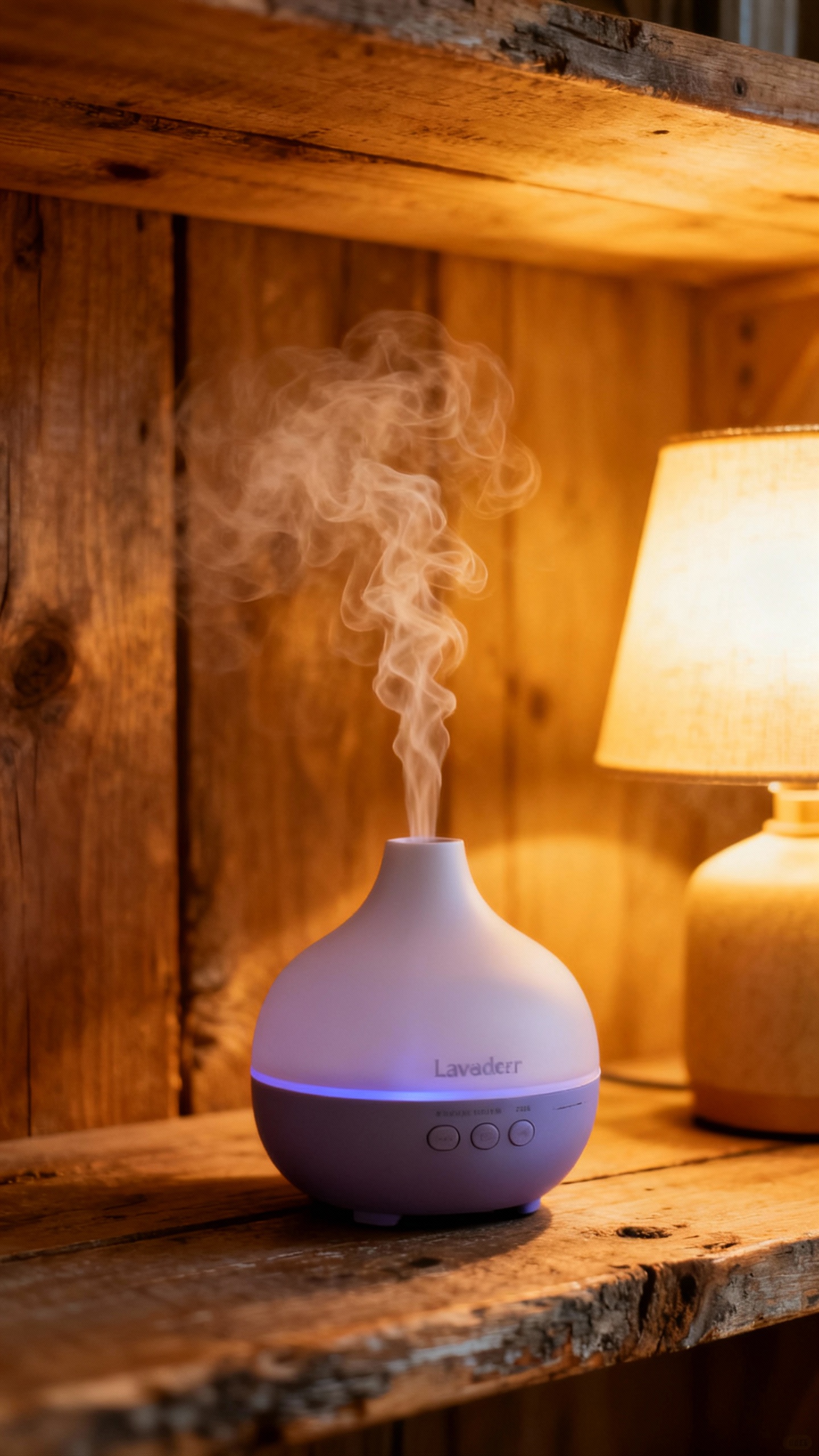 Closeup of lavender diffuser mist beside warm lamp, wood shelf