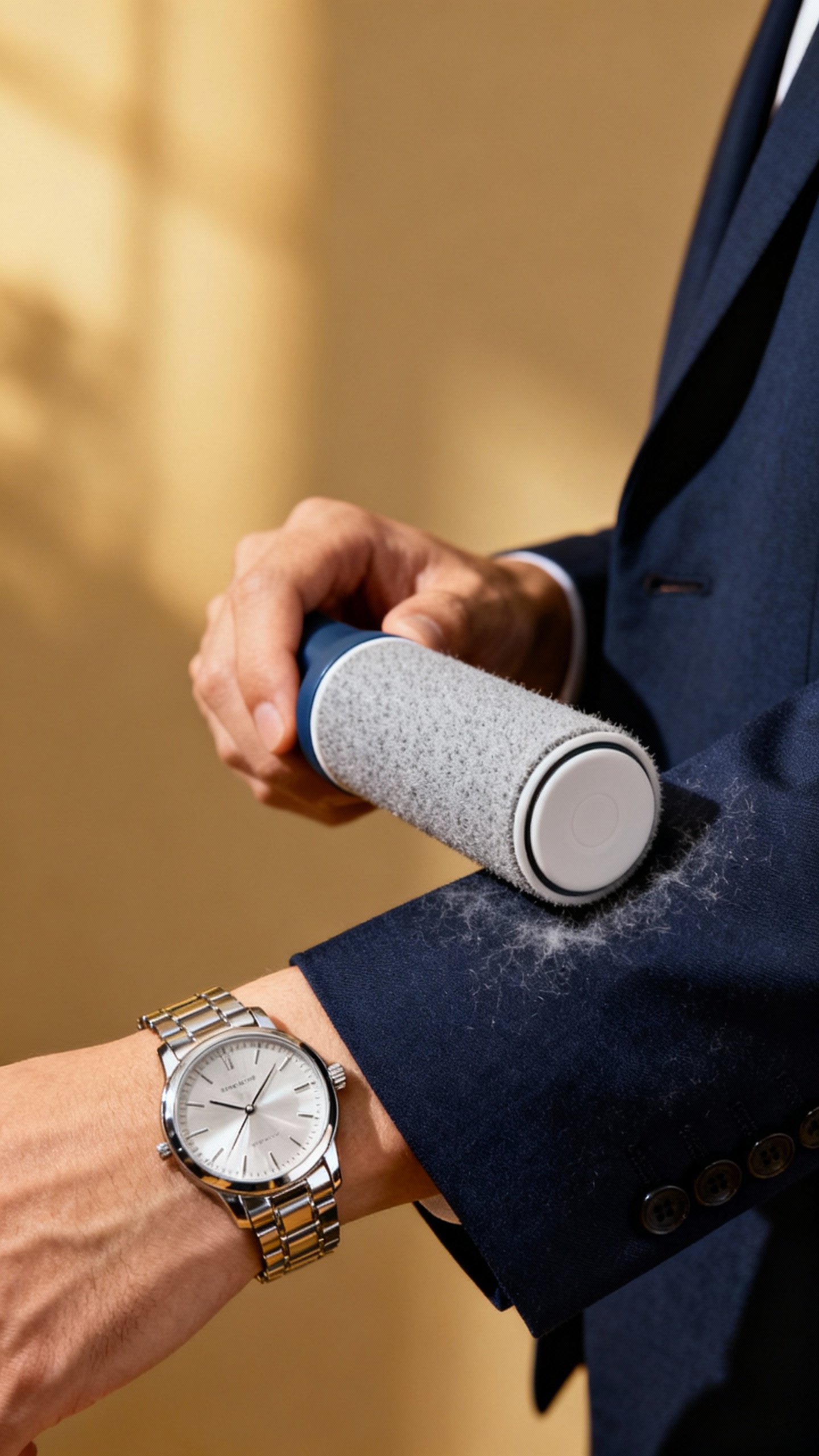 Closeup of lint-roller cleaning navy blazer sleeve, crisp watch visible