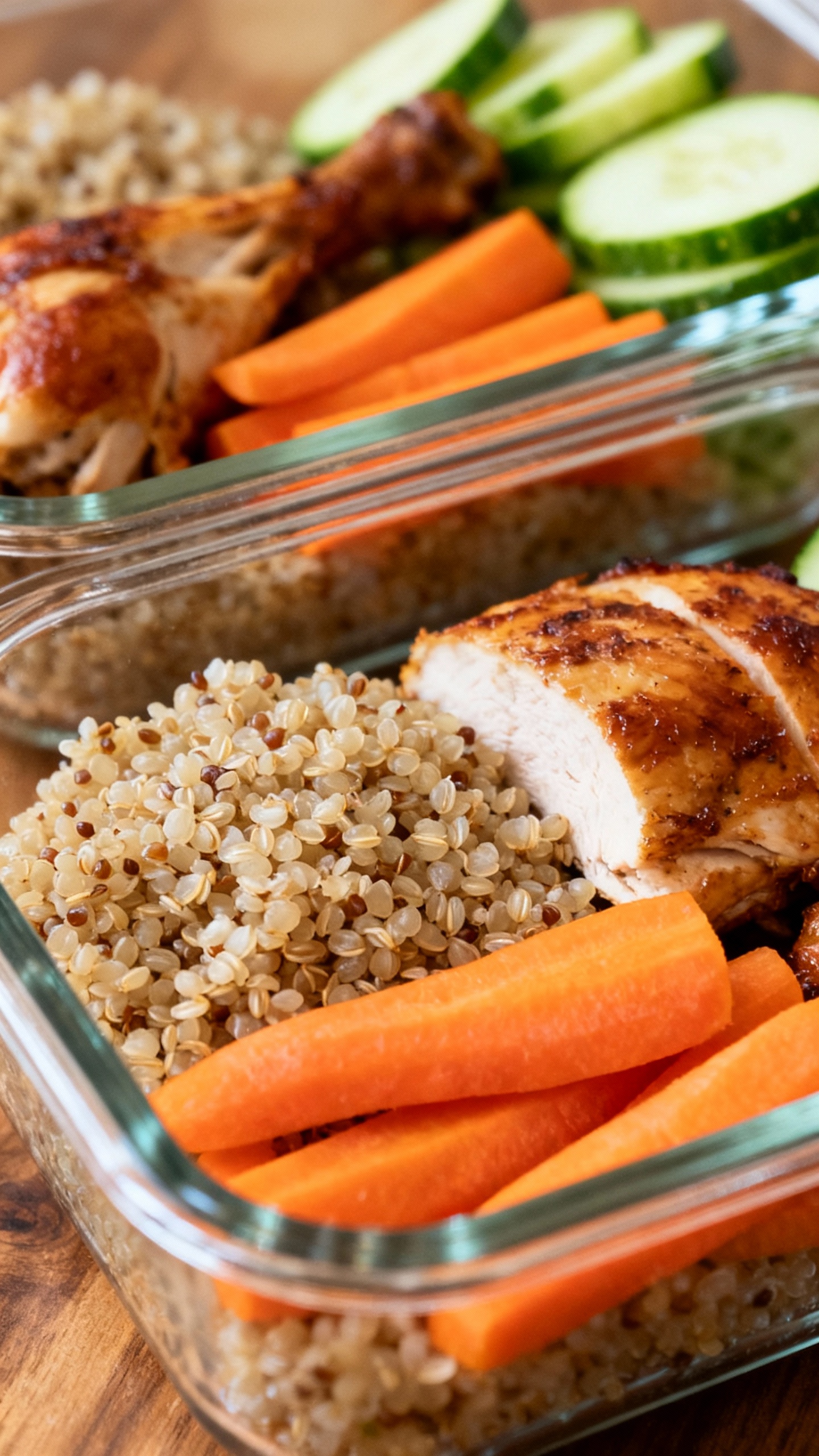 Closeup of meal prep: glass containers with quinoa, rotisserie chicken, sliced carrots, cucumbers