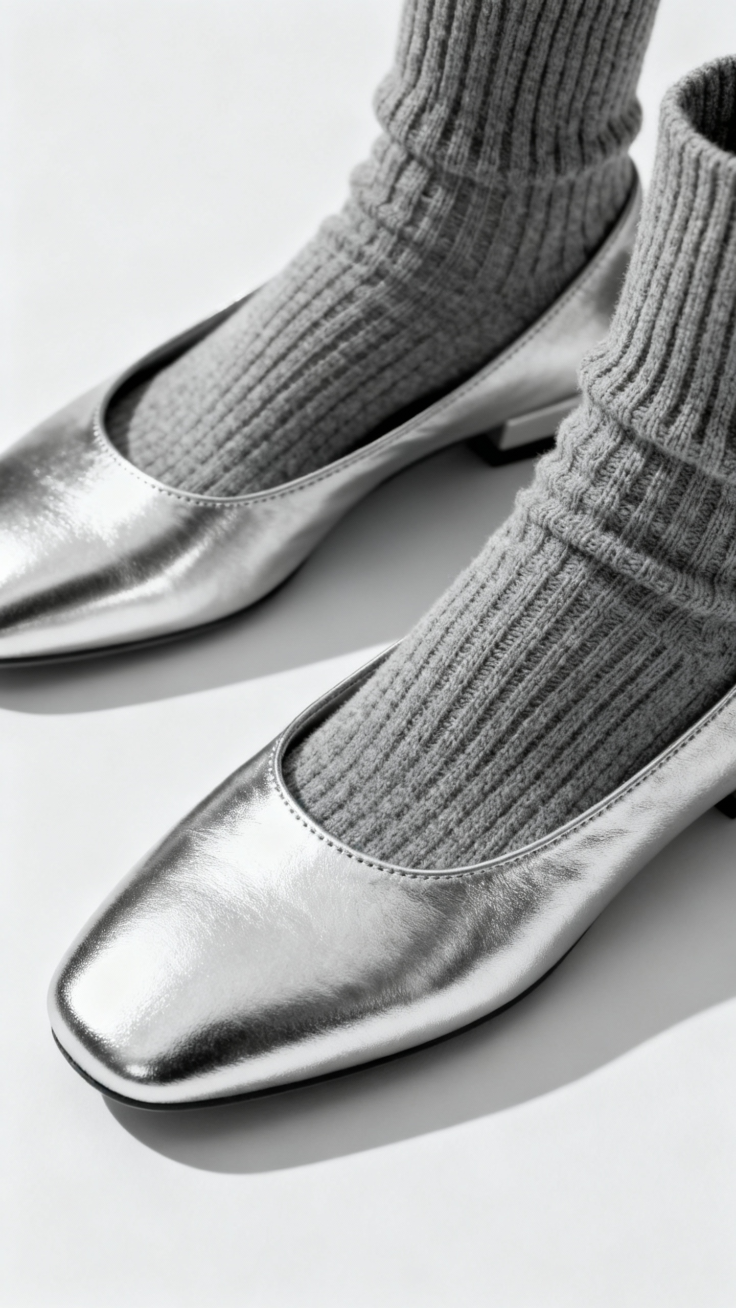 Closeup of metallic silver flats beside ribbed crew socks