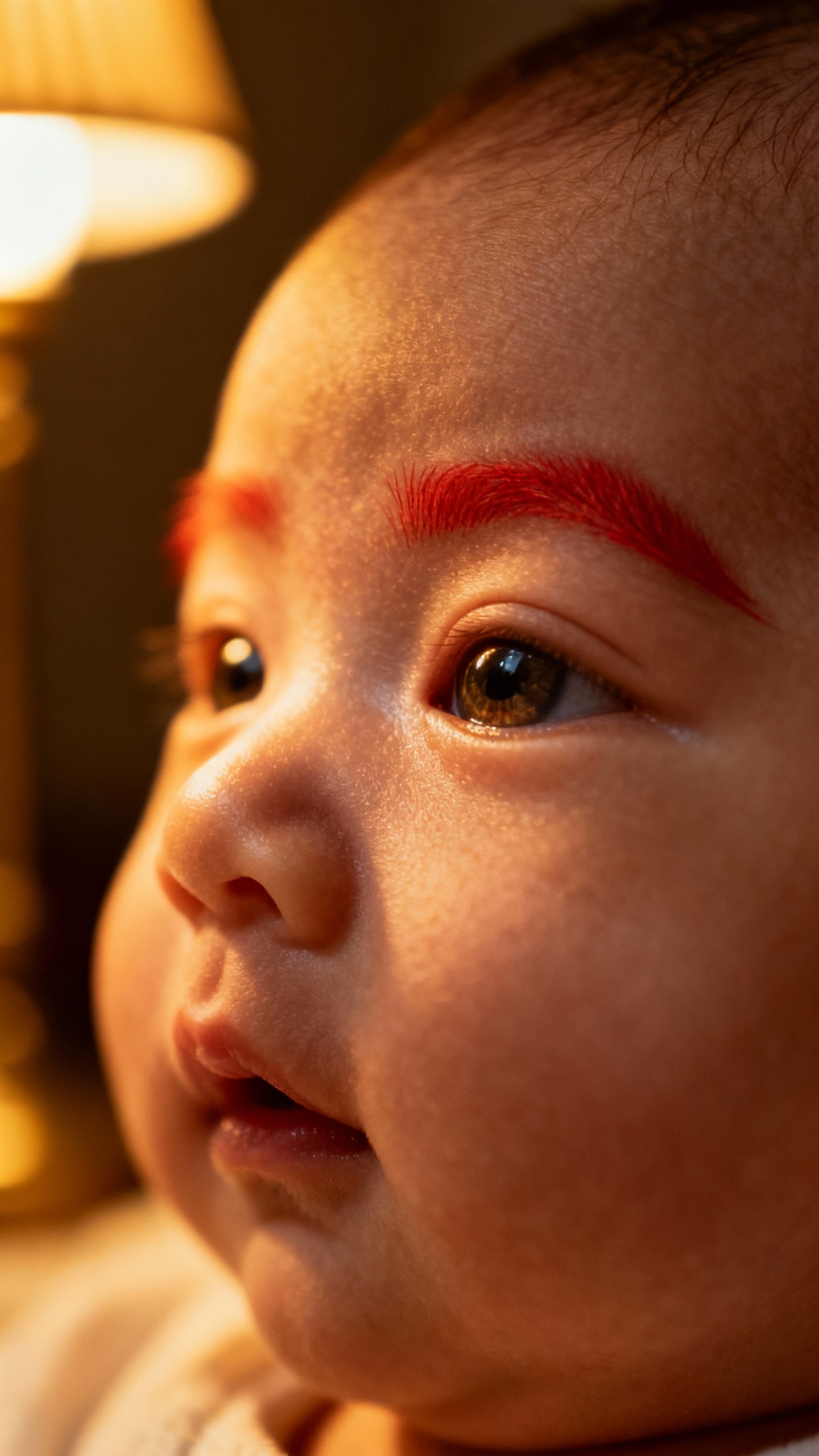Closeup of newborn’s glazed eyes and red eyebrows, soft lamplight
