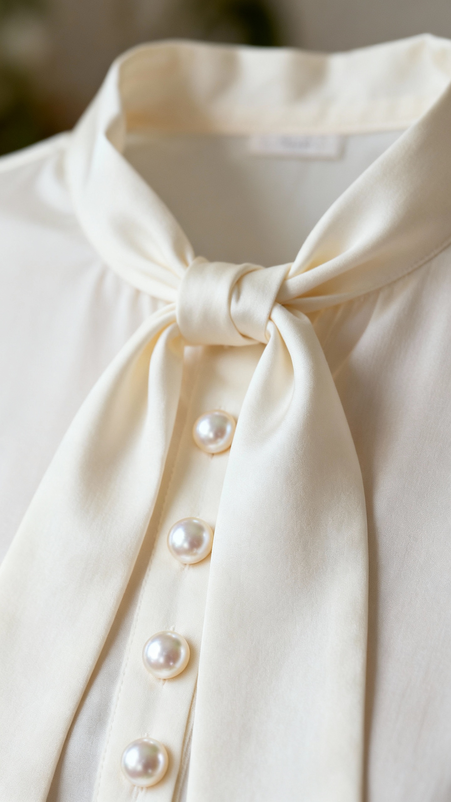 Closeup of pearlized buttons on ivory tie-neck blouse