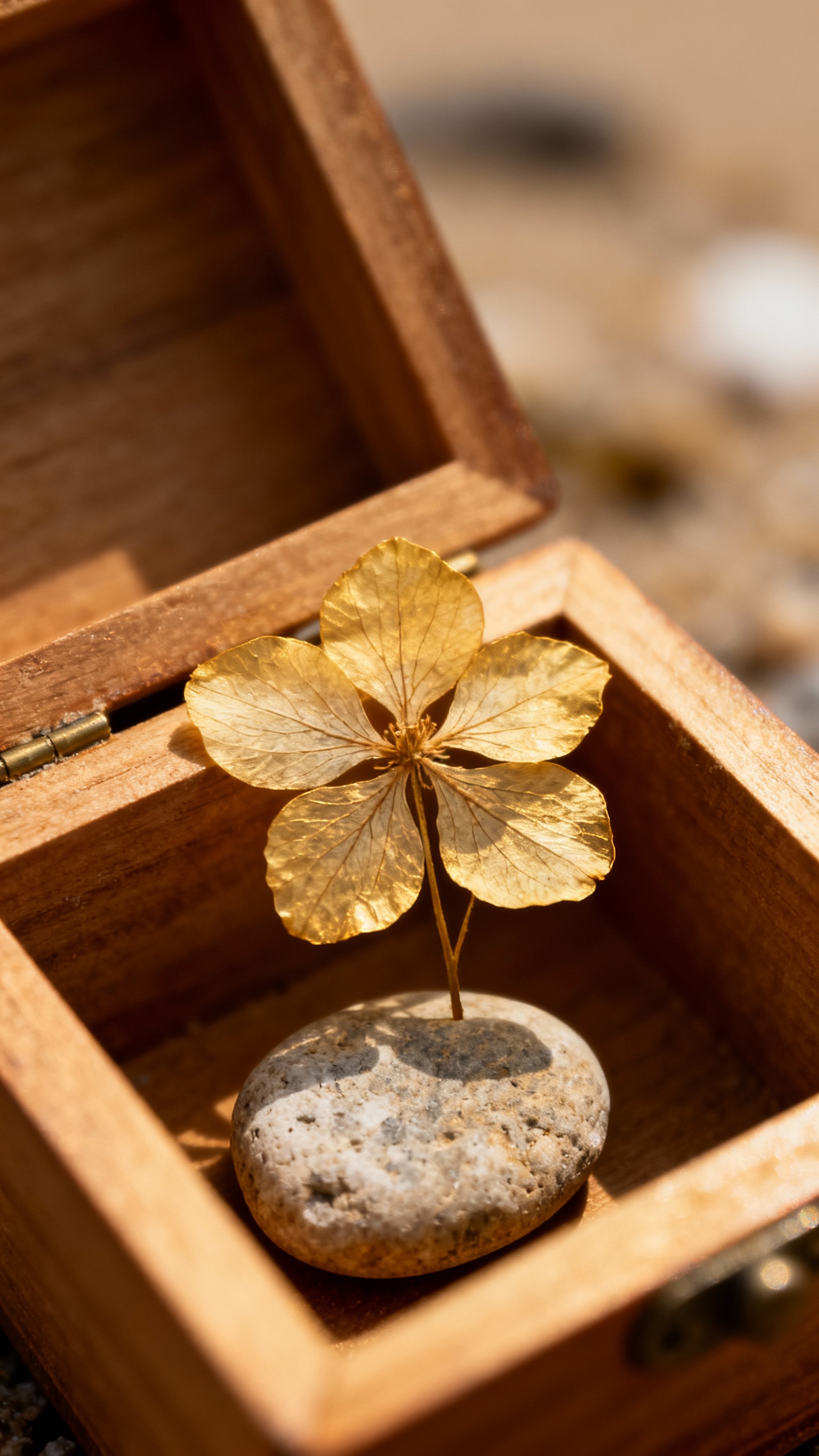 Closeup of pressed flower and beach pebble in memory box