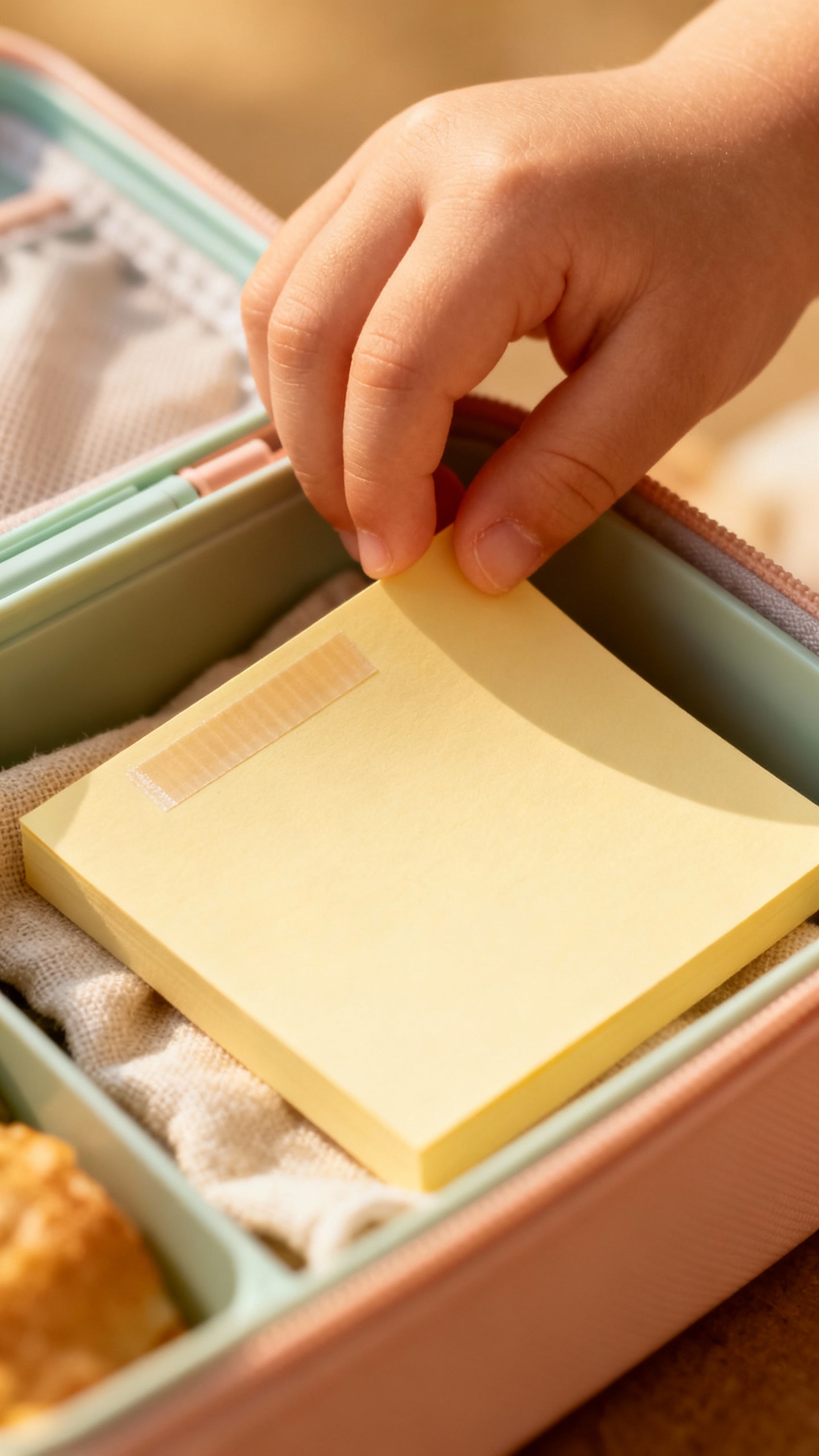 Closeup of small hand placing sticky note in lunchbox