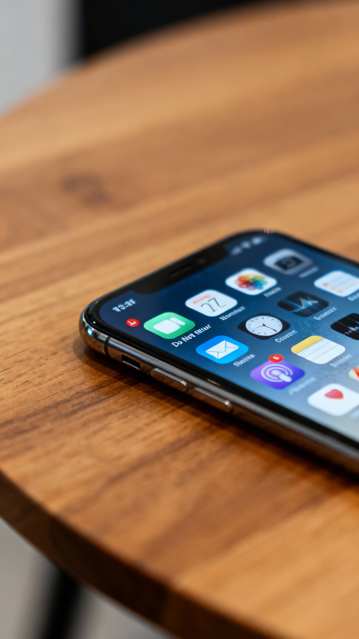 Closeup of smartphone home screen audit on wooden table, apps minimized, Do Not Disturb icon visible