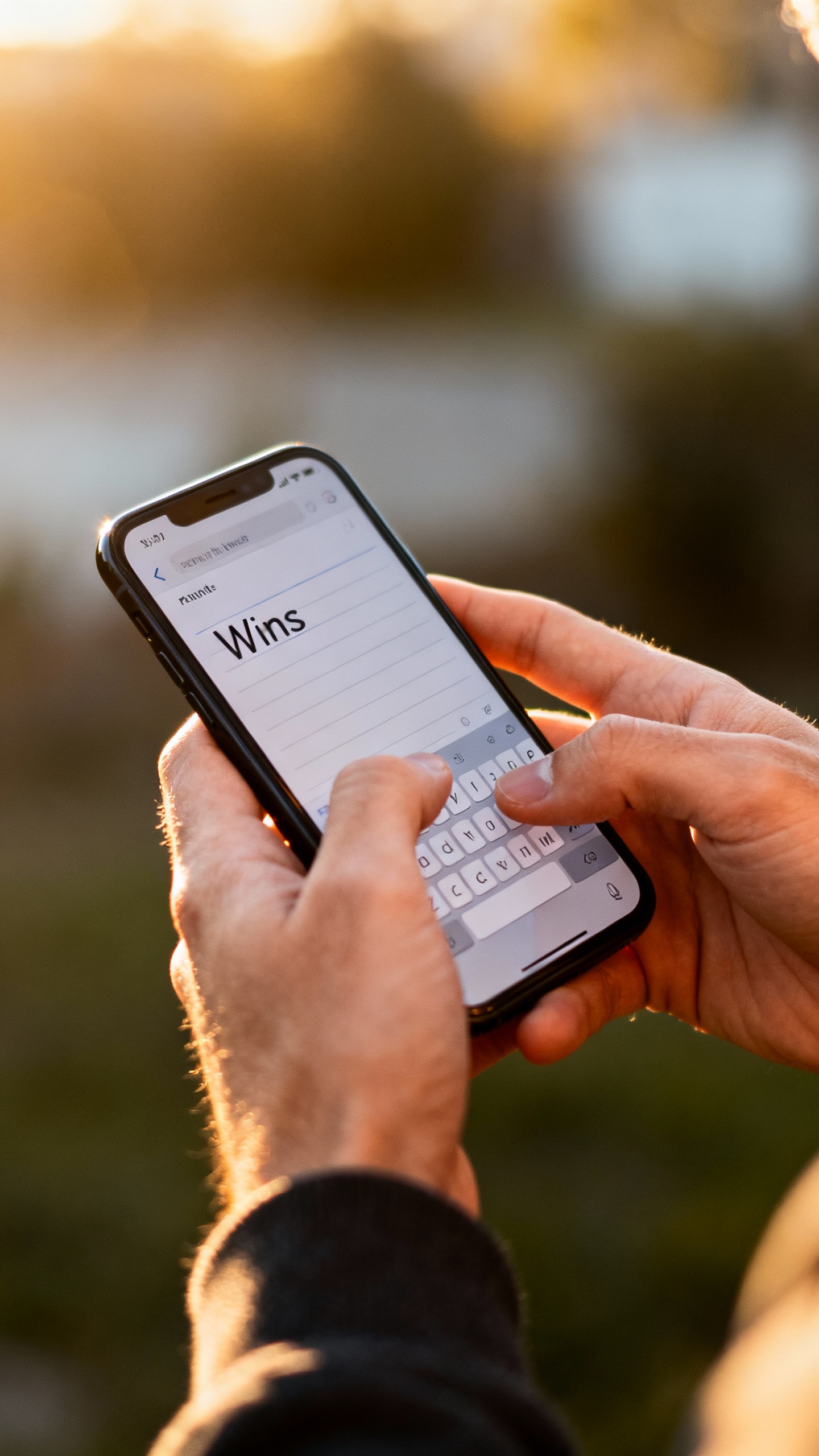 Closeup of smartphone “Wins” note, male hands typing, morning light